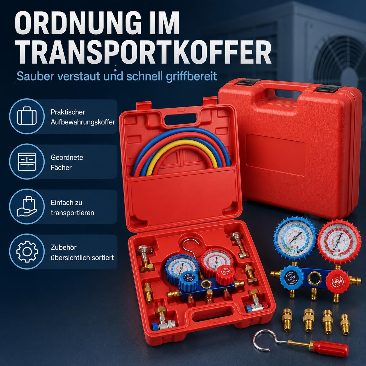 Klima-Monteurhilfe-Set mit 2 Manometern, 1/4-Zoll-Anschluss und 1,5-m-Schläuchen, für R134a, R22 und R410A