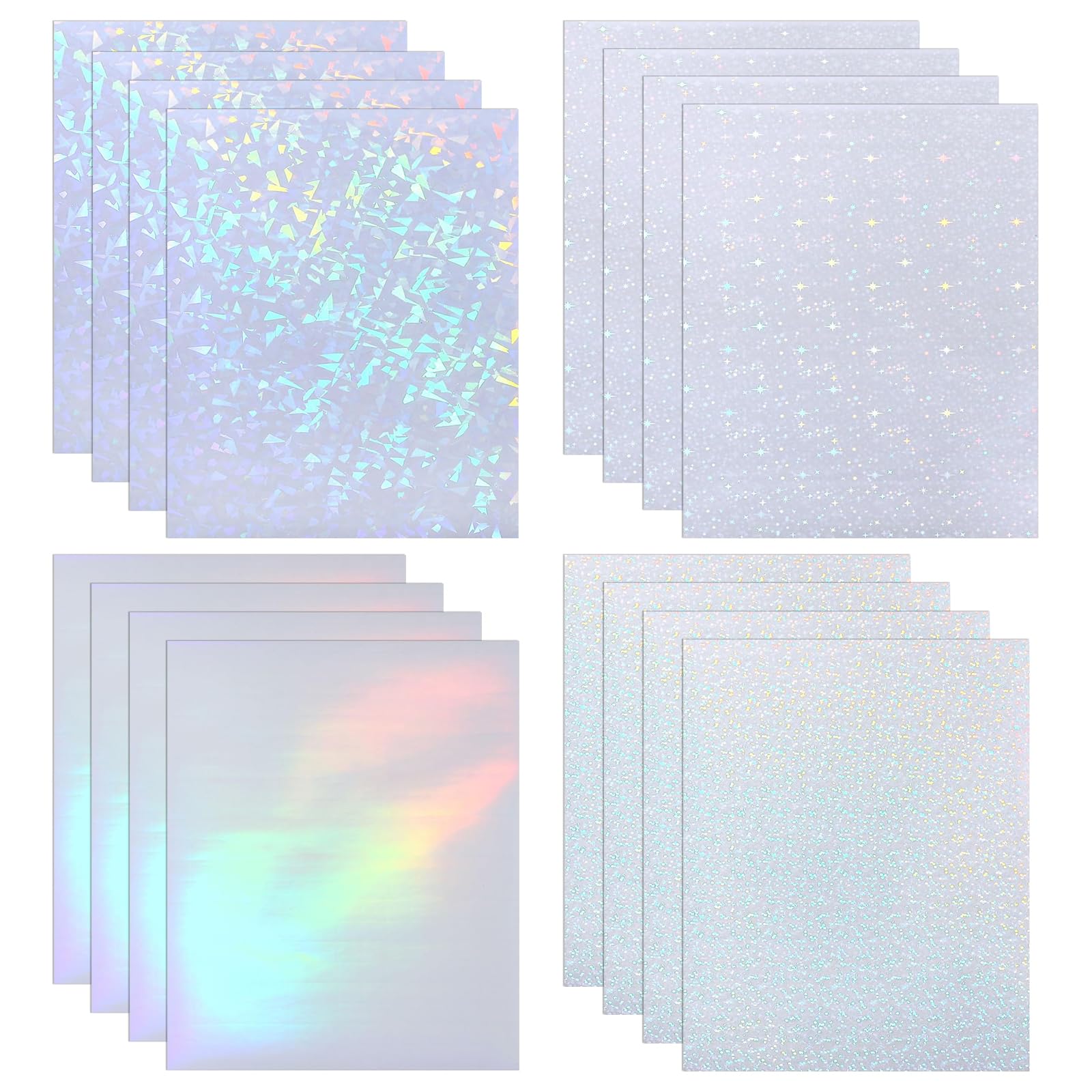 Holographic Sticker Paper, 16 Sheets A4 Holographic Paper Sticker, Transparent Waterproof Self Adhesive Film, Holographic Lamination Vinyl for DIY Crafts with 4 Styles