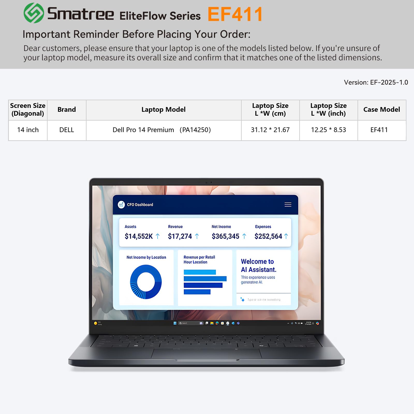 Smatree EliteFlow etui na laptopa 14" Dell Pro 14 Premium PA14250, smukłe etui ochronne do laptopów z kieszenią na akcesoria i uchwytem, opatentowana ochrona przed uderzeniami Super Corner (EF411)