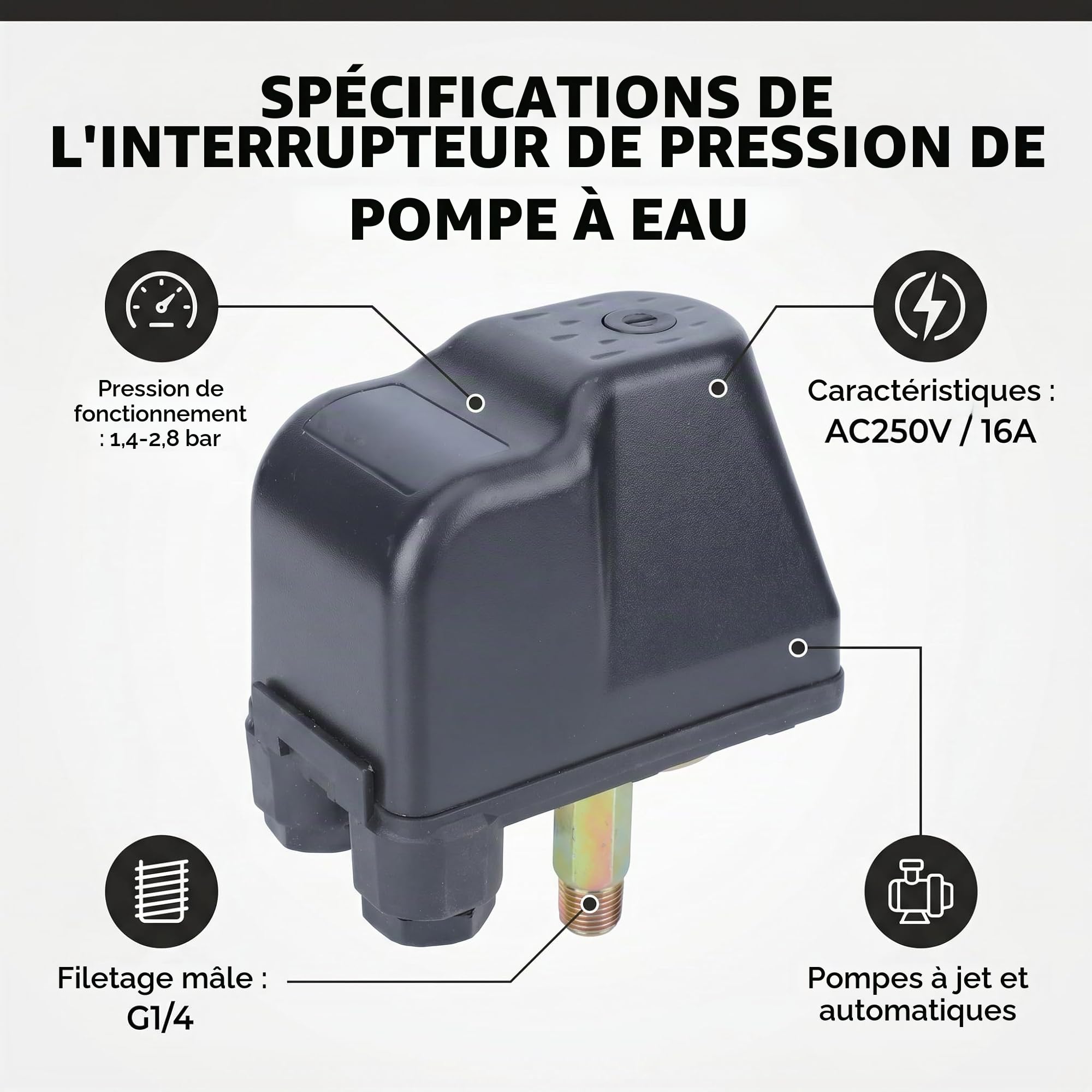 Pressostat Pompe, Filetage Extérieur G1/4 Tension 220 V Convient pour Les Pompes à Jet d'eau Les Pompes Automatiques et Les Pompes à Pression, Capteur scellé en Acier Inoxydable