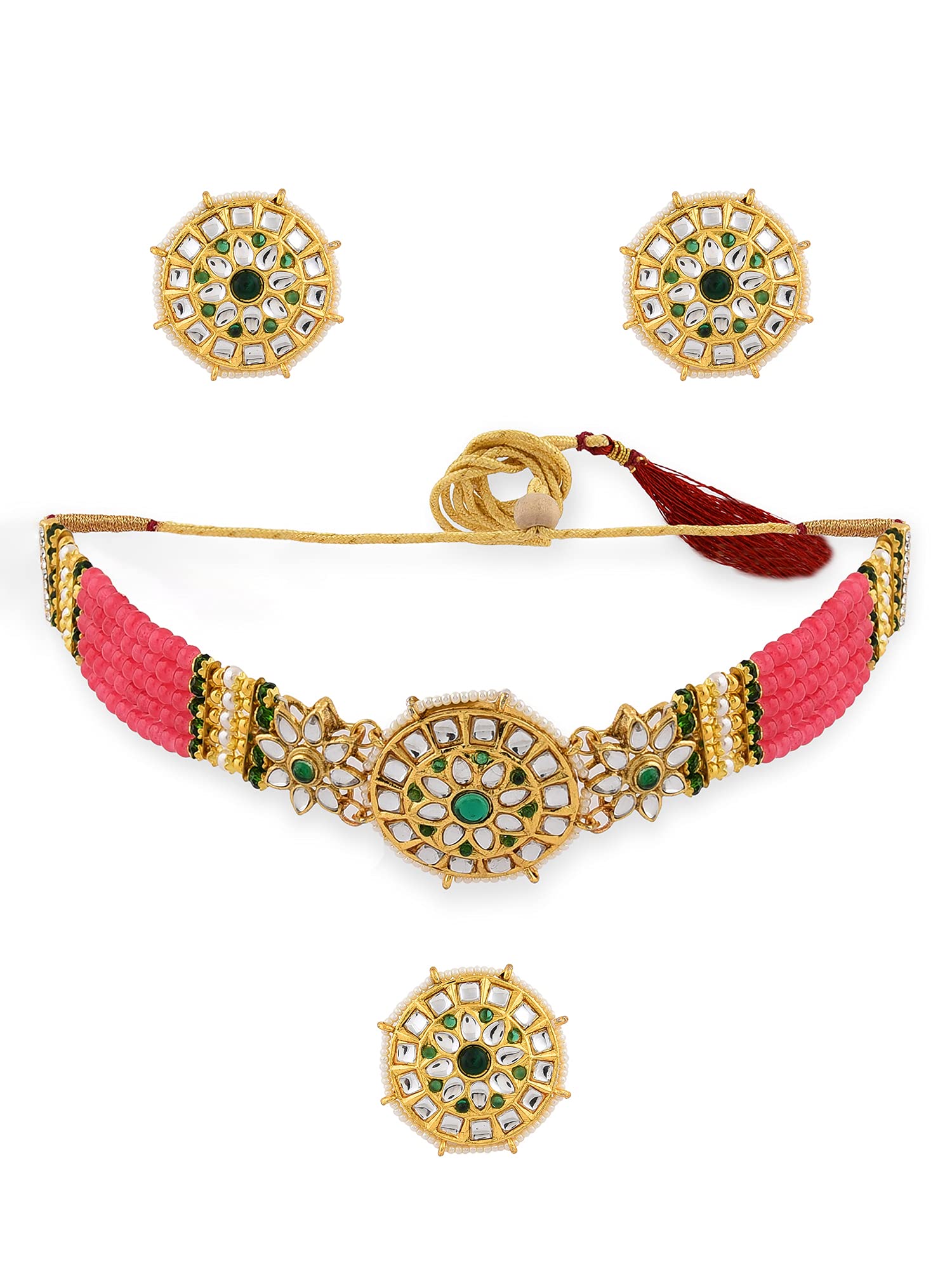 ZAVERI PEARLS Pink & Green Beaded Kundan Choker Necklace Earring & Ring Set For Women-ZPFK11068 (B09GNKVD7Z) Amazon Price History, Amazon Price Tracker