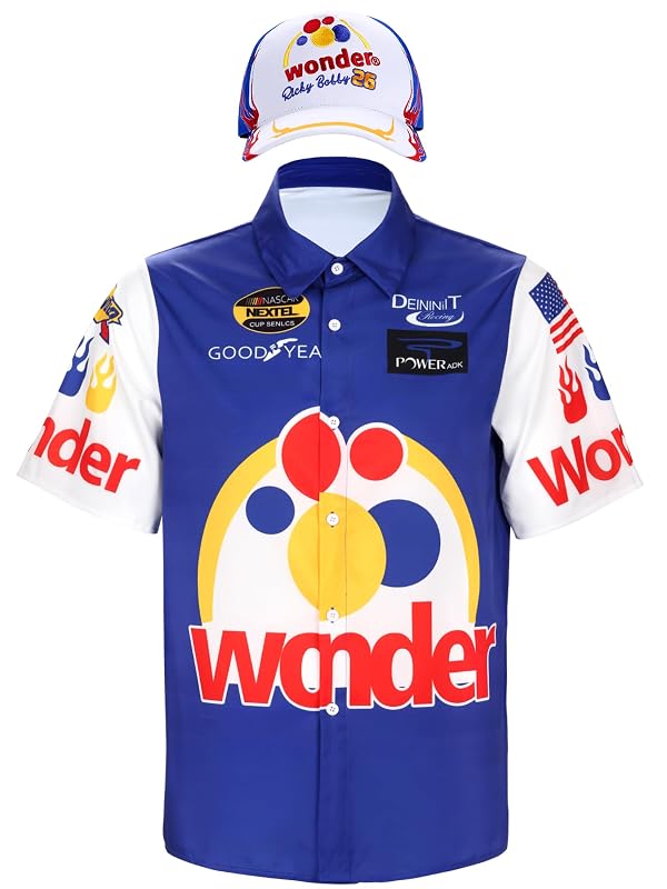 Cossoul Ricky Bobby Costume Men Short Sleeve Ricky Bobby Shirt Hat Halloween Race Car Driver Costume (Large) Blue by Cossoul - Used condition - US$27.26