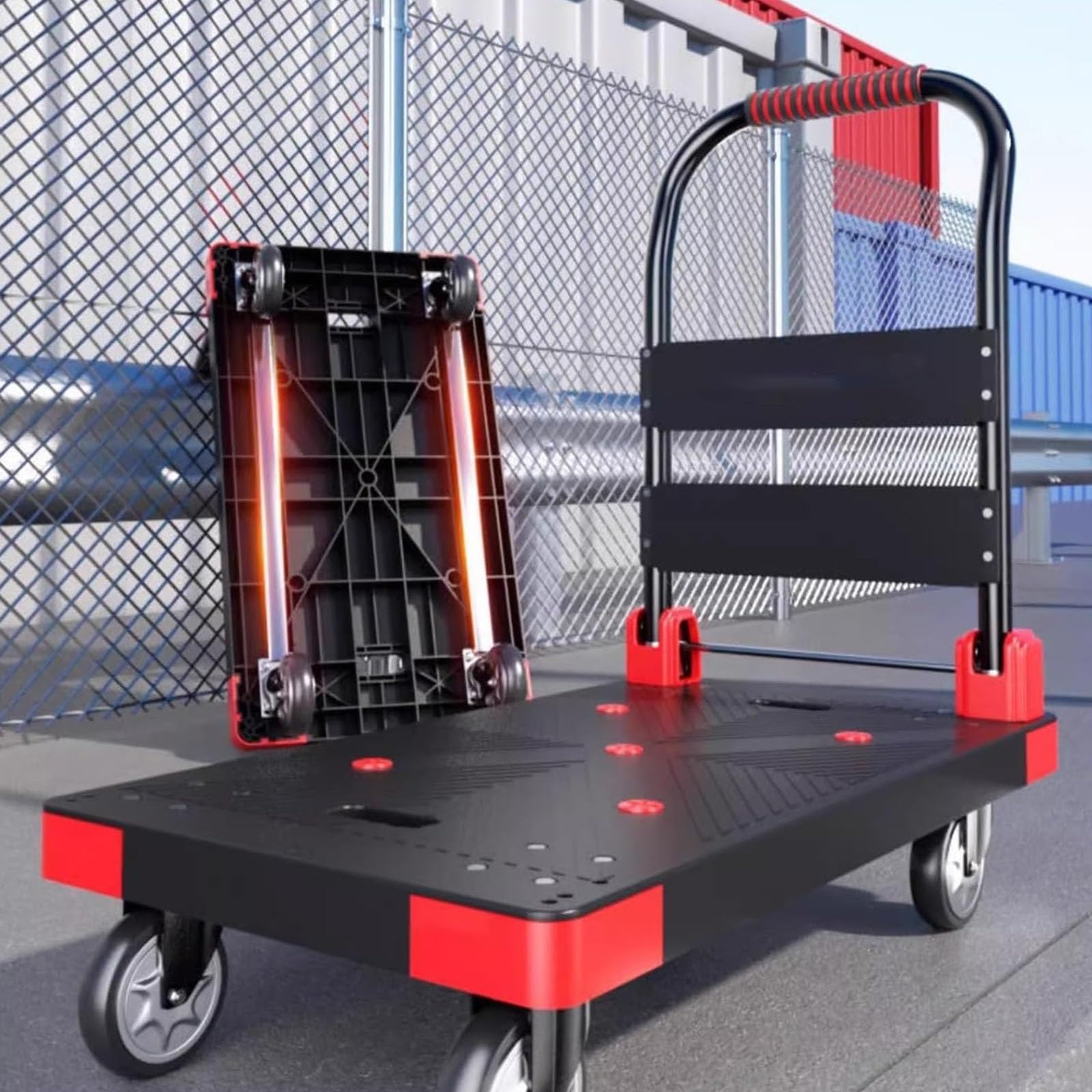 Carrello a spinta con piattaforma pieghevole Carrello a di trasporto pieghevole portatile con maniglia in metallo Capacità di carico a 360 gradi: 75-650 kg Ruote girevoli per scantinati di maga