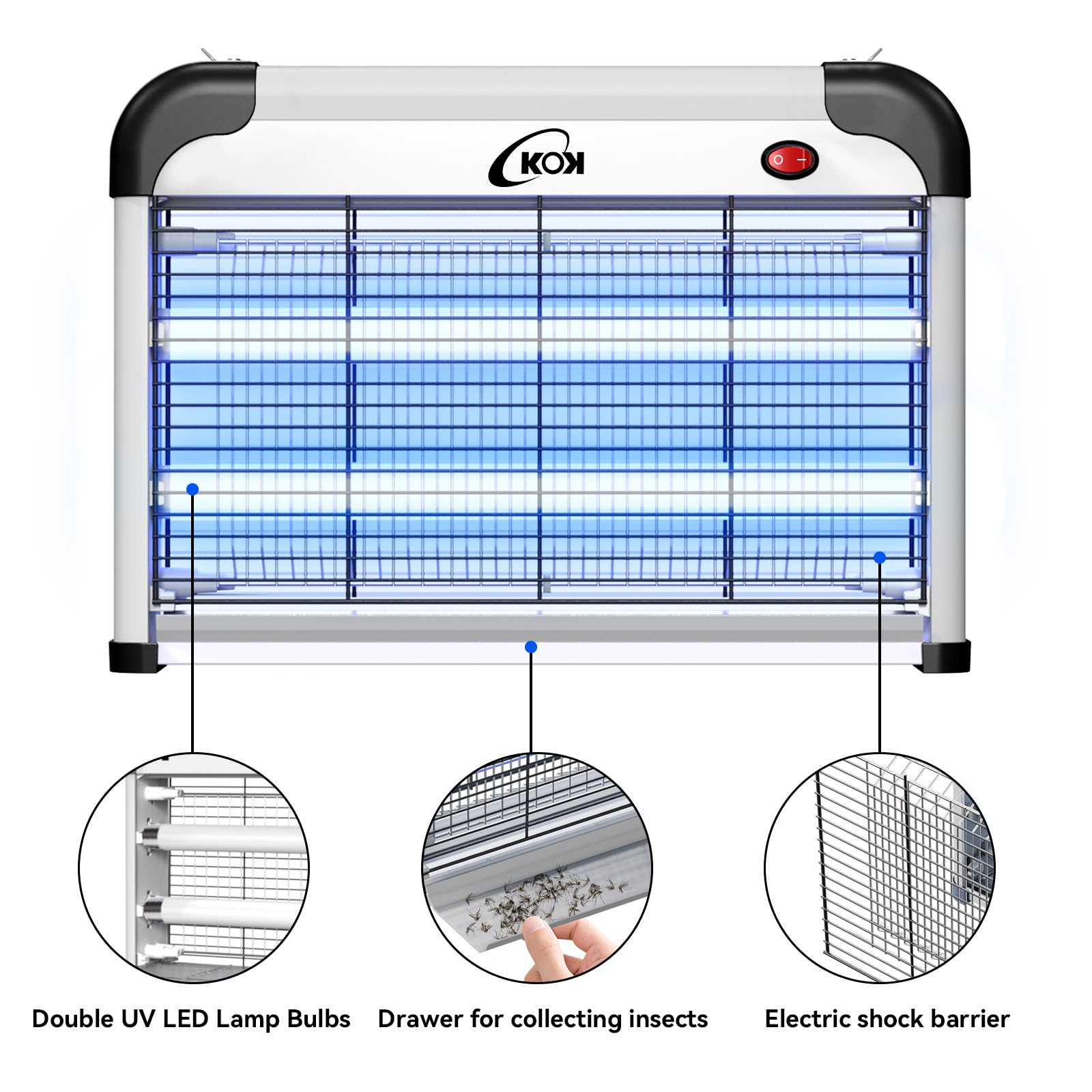 KOK 20W UV Lampara Antimosquitos, Mata Mosquitos Eléctrico, Sin Químicos, Incluye 2 Bombillas de Repuesto, Apto para Dormitorio Salón Cocina Uso Interior