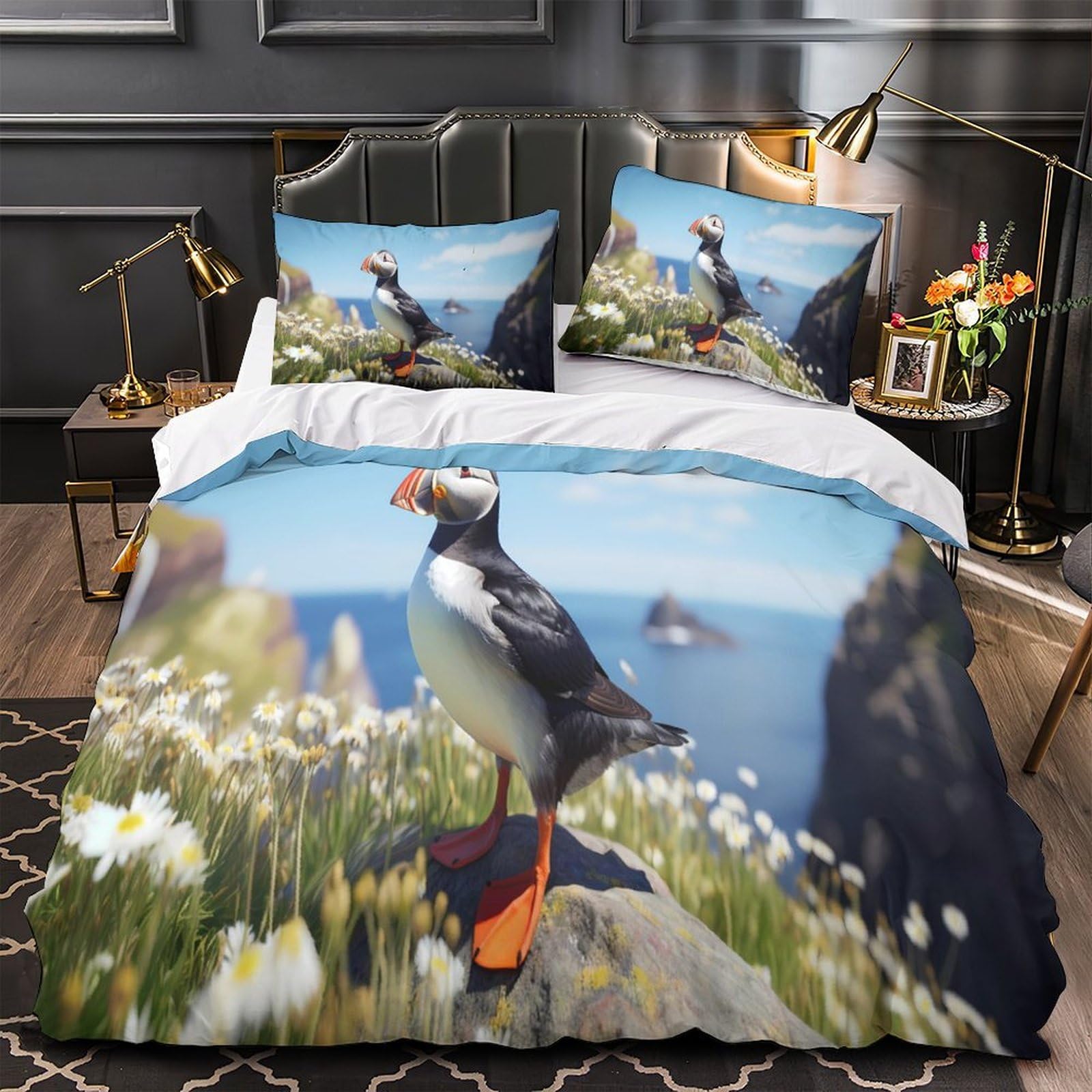 Housse de couette effet 3D paysage naturel de macareux pour chambre d'enfant