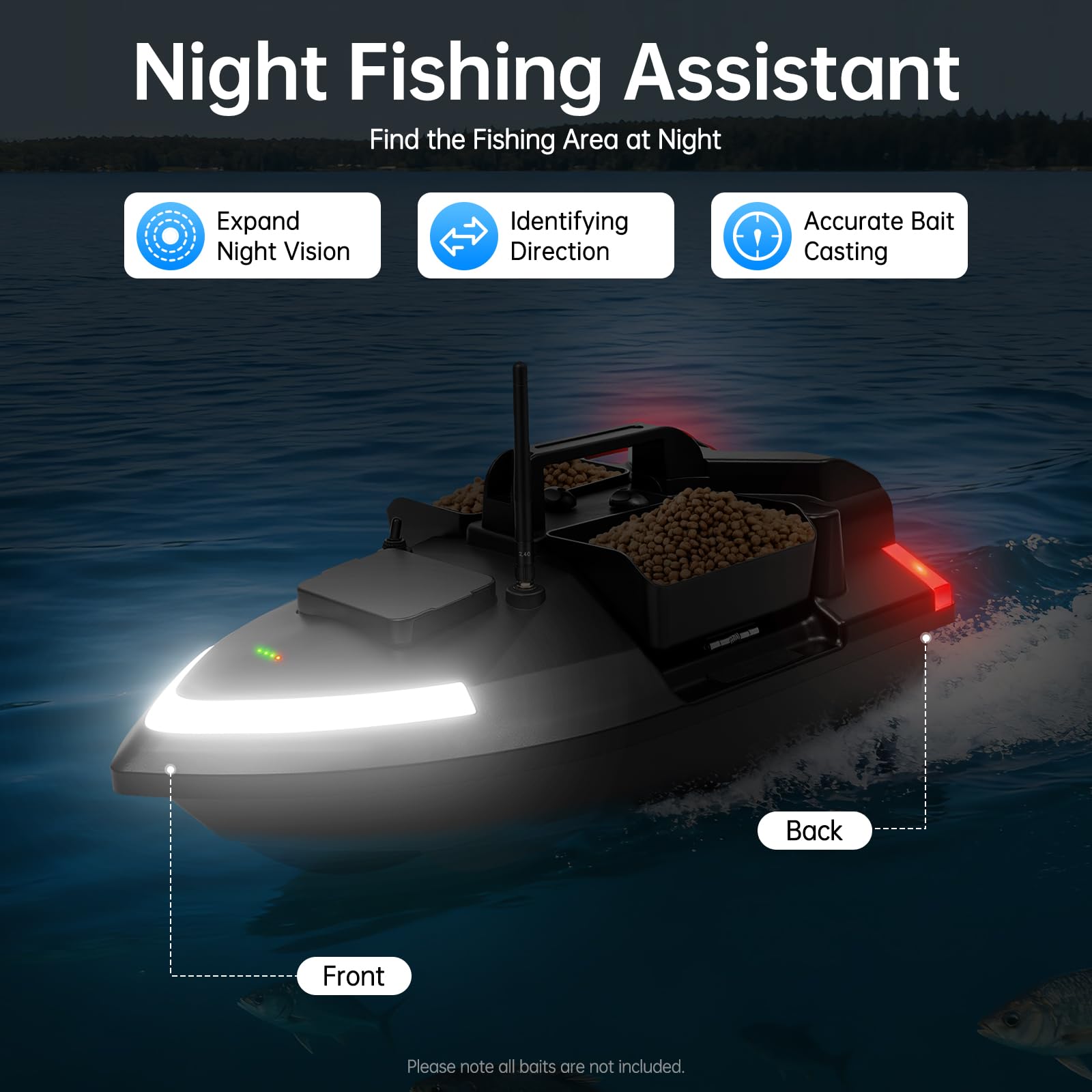 GPS Bateau à appâts 500M, bateau amorceur avec télécommande, bateau de pêche avec 3 boîtes à appâts, batterie 12000mAh, télécommande pour la pêche, bateau amorceur sans fil, pêche nocturne