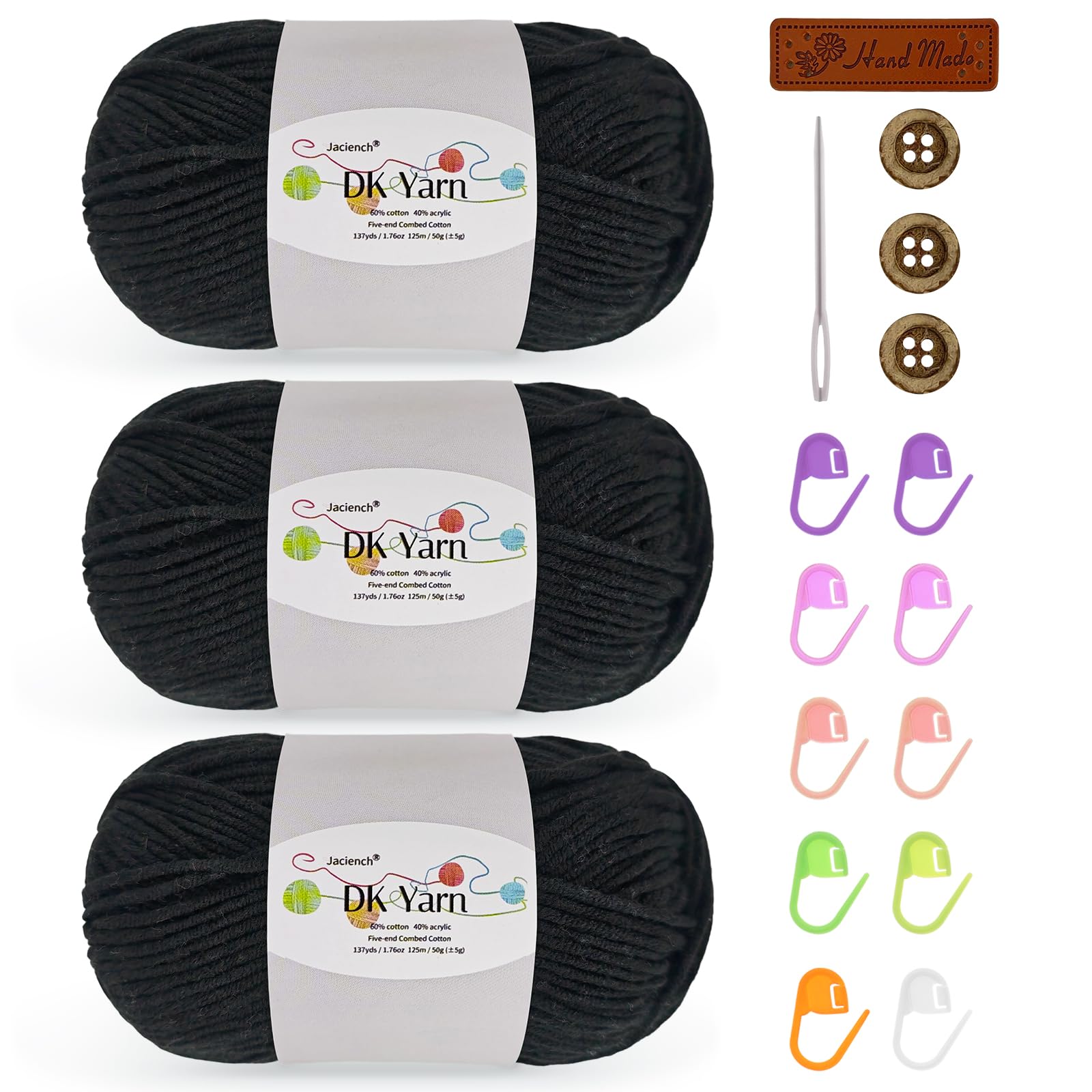 Crochet Yarn Kit, 3×50g 60% Cotton 40% Acrylic Combed Cotton Yarn with Accessories, DK Wool for Beginners Amigurumi Socks Blankets（Black-3）