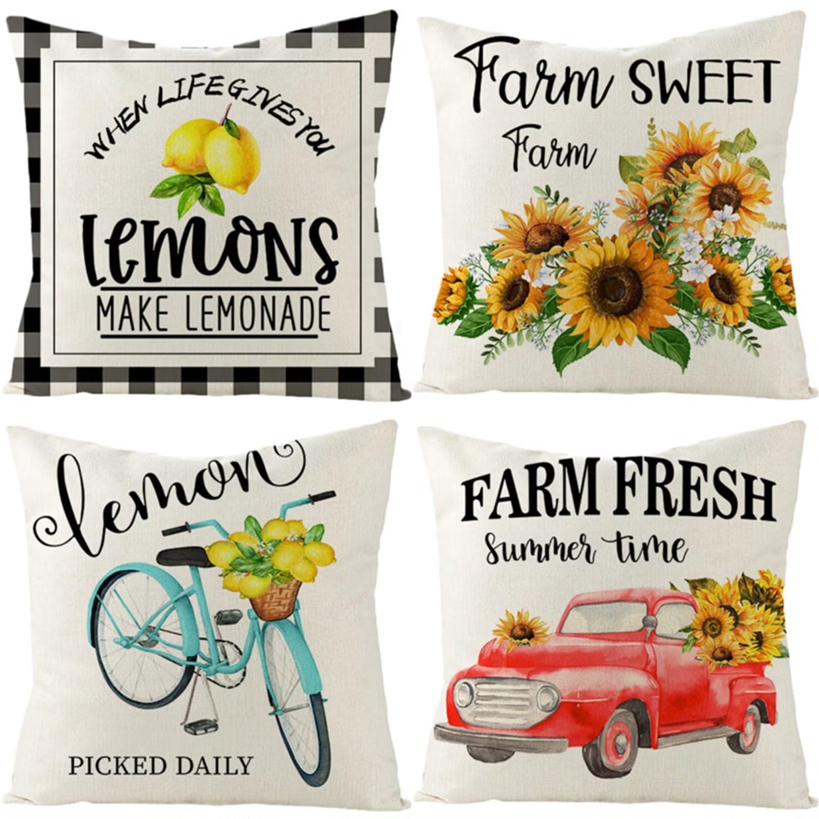 Set di 4 Fodere per Cuscini 65x65cm,cuscini per divano Alfabeto Limone Car Giardino Esterno Fodere per Cuscini Decorativi Lino Quadrate per Cuscino,per Casa Soggiorno Camera da Letto Divano YG109