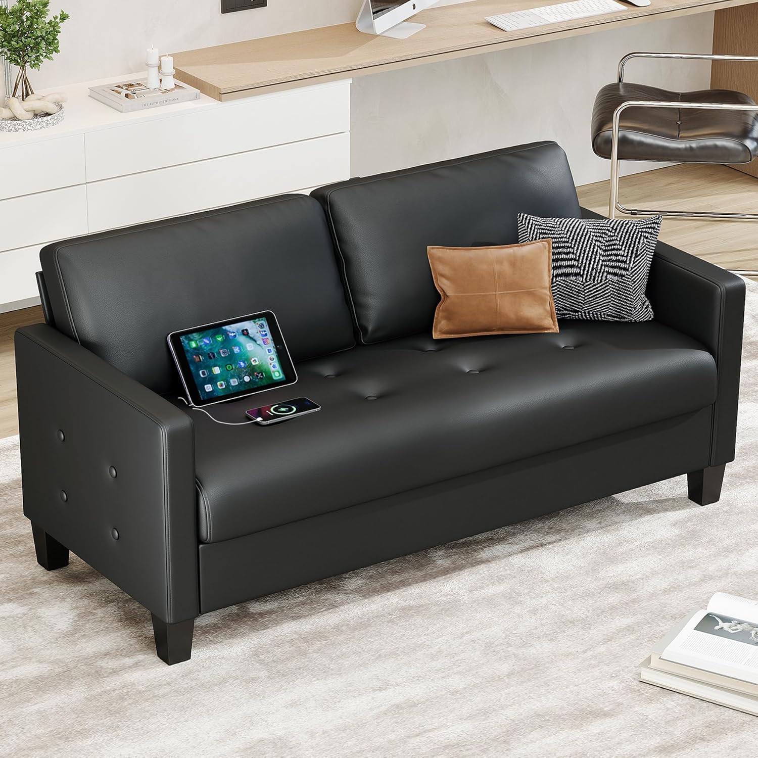 59” Black Faux Leather Loveseat, 2 Seater Couch for Office, Living Room | STHOUYN, Modern, Comfy, Tufted Armrest, USB Charger, Bedroom, Apartment