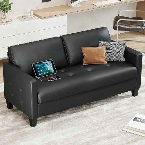 59” Black Faux Leather Loveseat, 2 Seater Couch for Office, Living Room