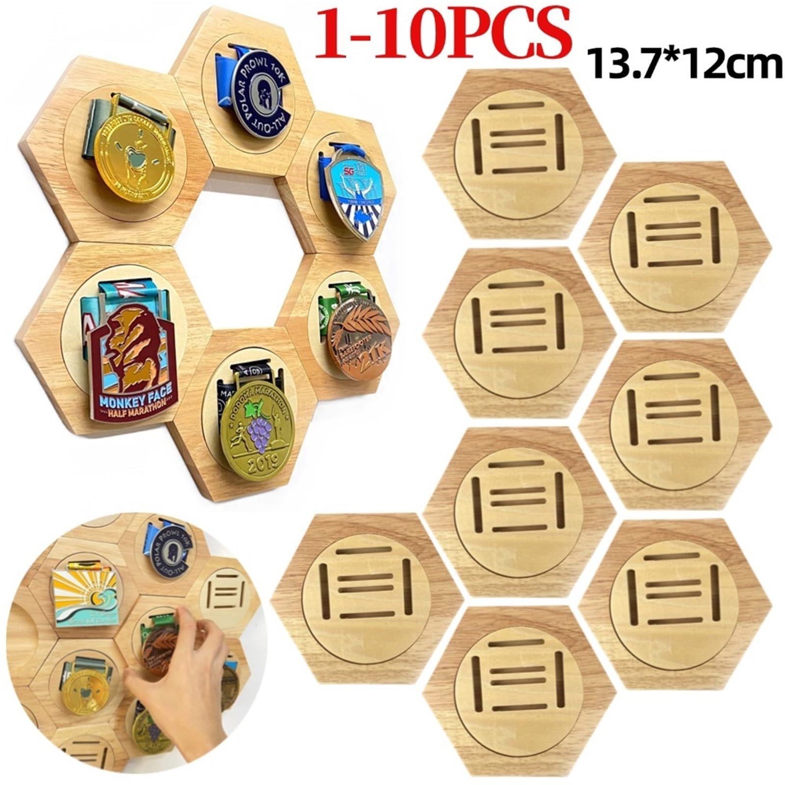 Display medaillenrahmen 1-10Pcs Holz Medaille Display Racks Sechseckige Kombination Medaille Halter Ehre Gedenk Display Home Wand Dekoration(6pcs)