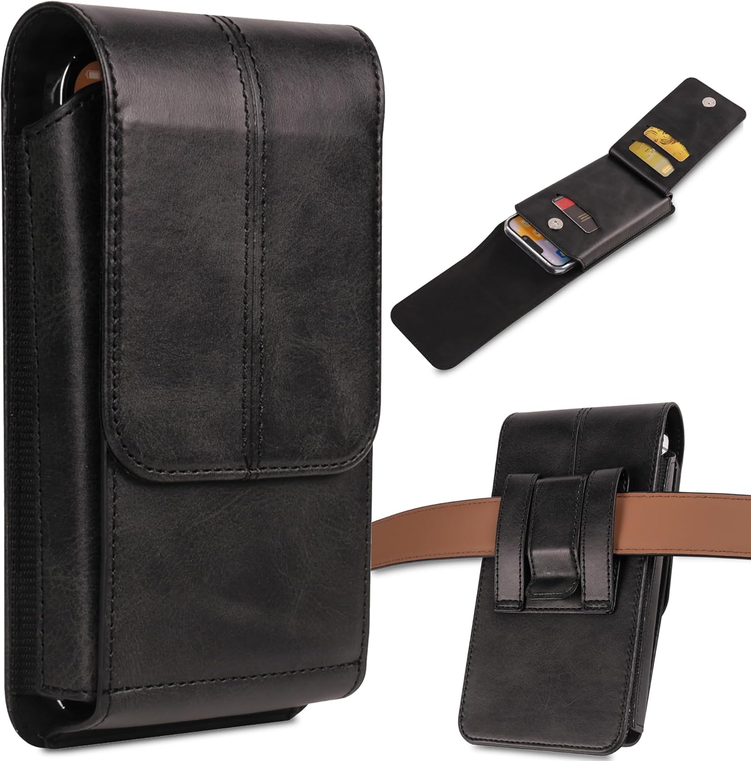 Phone Pouch Leather Belt Holster Case with Card Holder, Compatible with iPhone 15 Pro Max, 15 Plus,14 Pro Max, 14 Plus, 13 Pro Max, 12 Pro Max, 11 Pro Max, XS Max, Black