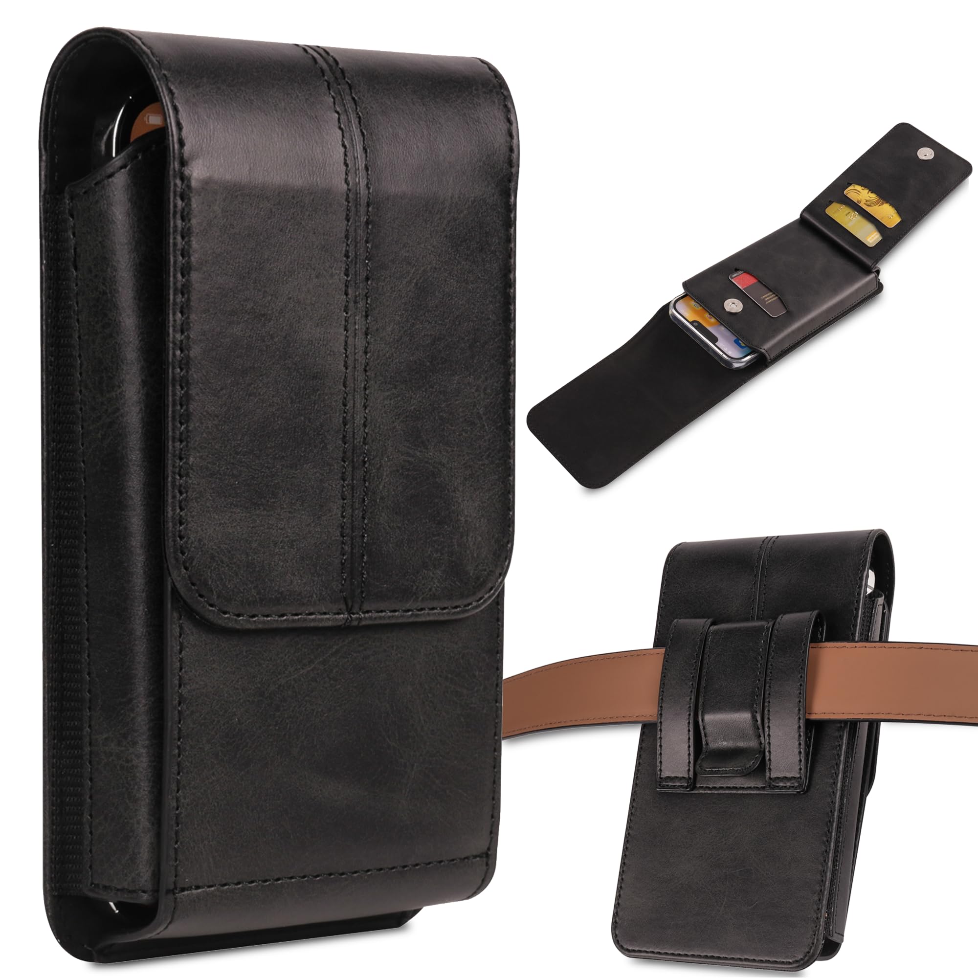 INGIDO Phone Pouch Leather Belt Holster Case With Card Holder, Compatible With Galaxy S24 Ultra S23 S22 5G Note 20 10+ Plus, Black -XL
