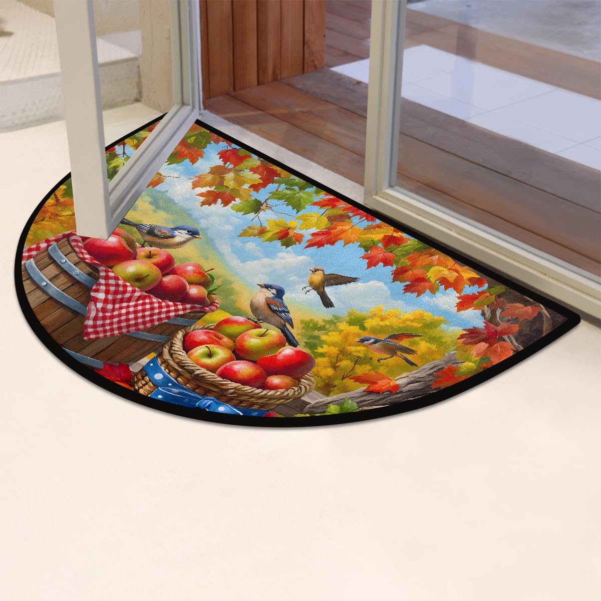 Half Round Doormat Fall Apples Maple Decor Washable Semi Circle Rug Non Slip Absorbent Half Moon Rug Kitchen Floor Mat for Indoor Outdoor Bathroom Patio Front Welcome Fireplace Hearth