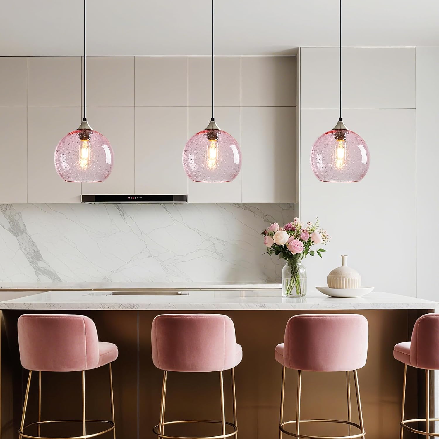 Pink Glass Pendant Lights Kitchen Island Lighting Globe Pendant Light Fixtures Modern Pendant Lighting for Bedroom Living Dining Room Light Fixture (7.87 in, 3 Pack)