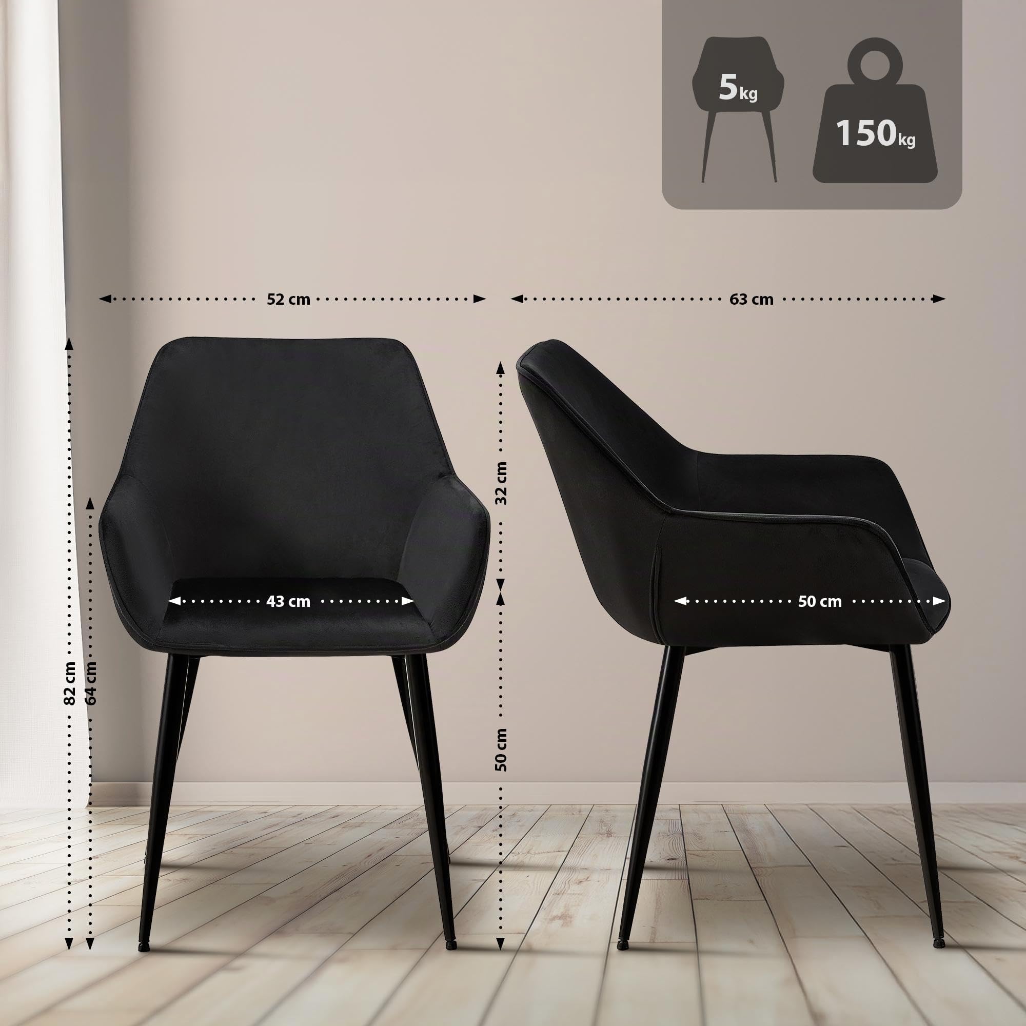 CLP Set di 2 sedie da pranzo imbottite con schienale Luena, sedia da cucina in velluto o tessuto, struttura in metallo, portata fino a 150 kg Colore:nero;Materiale:Velluto