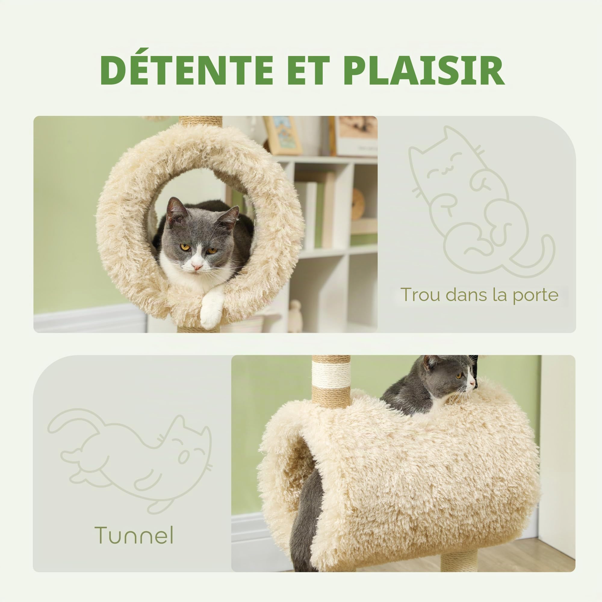 PawHut Arbre à Chat Mouton Tunnel Chaton intérieur 98cm Marron Clair