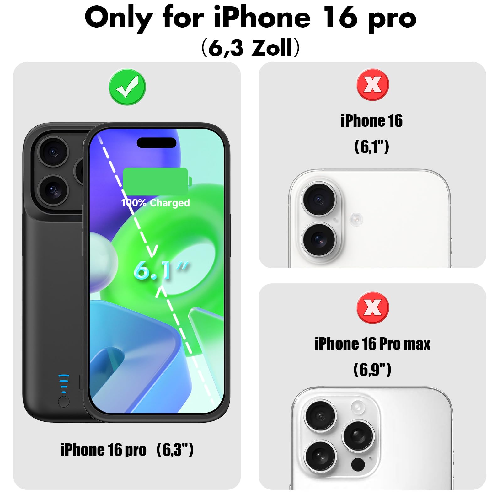 Cover Batteria per iPhone 16 Pro/iPhone 17, Vera 8500 mAh, Custodia di Ricarica Espansa Ricaricabile Sottile Custodia Protettiva Portatile con Batteria per iPhone 17(6,3 Pollici) - Nero