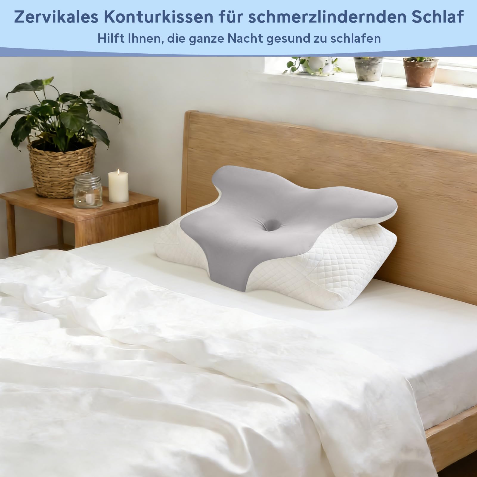 Almohada cervical de espuma viscoelástica para el cuello, almohada ergonómica para los lados, la espalda y el estómago, almohada ortopédica, suave y cómoda (60 x 40 x 13 cm, gris)
