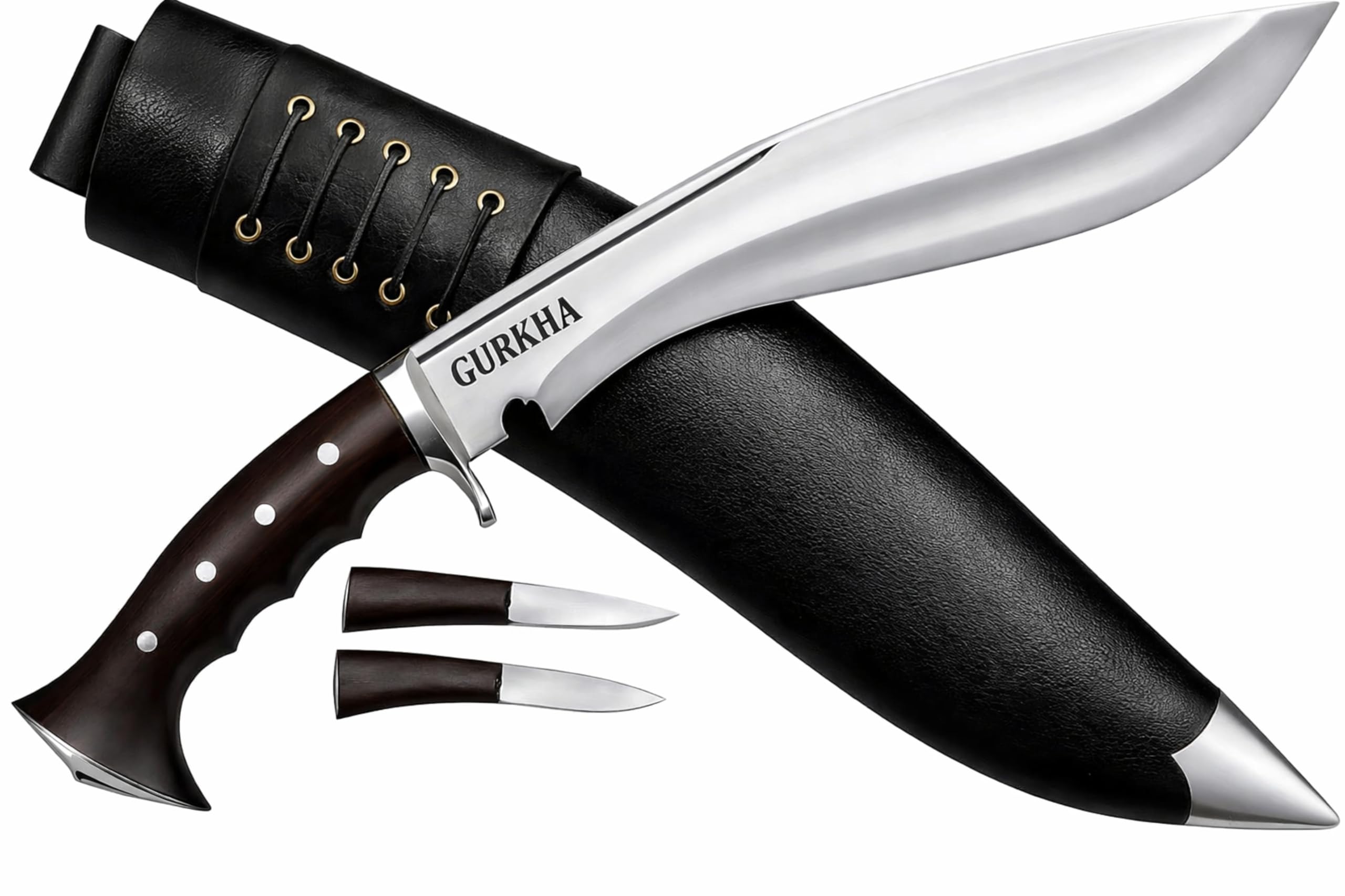 Gurkha Iraqi Kukri Knife Overall 17 IN Blocker & Griper On Handle Authentic Hand-Hammered 11 IN Fixed Blade Carbon Steel Kukri Knives with Sheath & 2 Small Knives - Handmade In Nepal