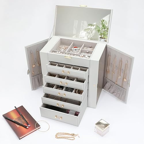 Miniatura 5 de V-LAFUYLIFE Joyero grande, organizador de joyas con 5 cajones, cajas de joyería de 6 niveles, organizador de joyas con espejo, cajas de joyería