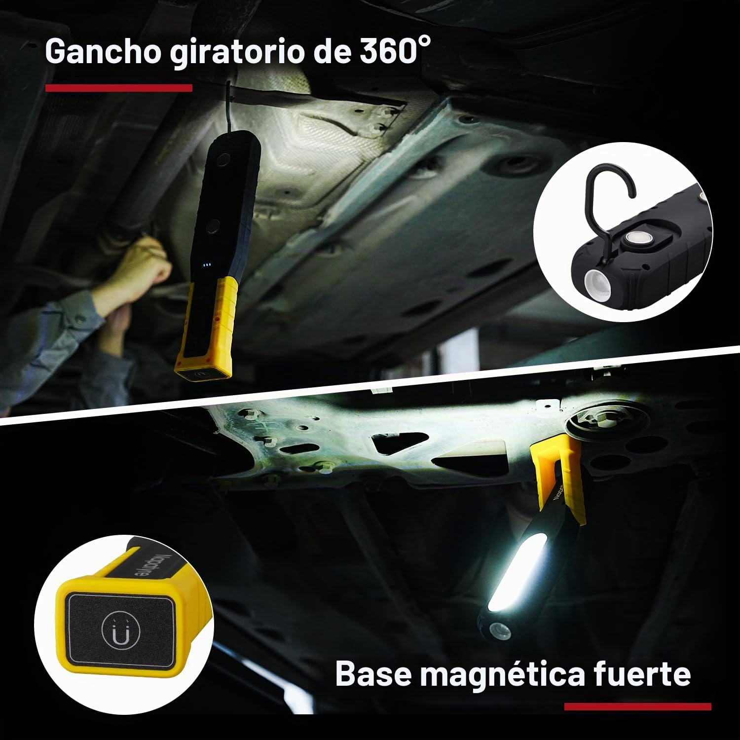 Lámpara LED de trabajo Napatyre para taller, 1000 lúmenes, linterna giratoria 180° con imanes y ganchos, 5 modos, COB para reparación de automóviles, inspección, garaje