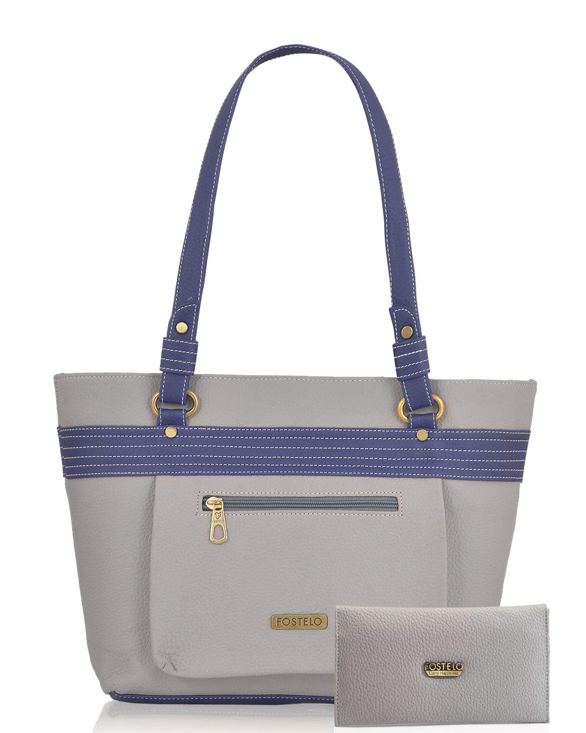 FosteloWomen's Combo Handbag & Clutch (Grey::Blue & Grey) (FSB-1451-FC-35), Grey