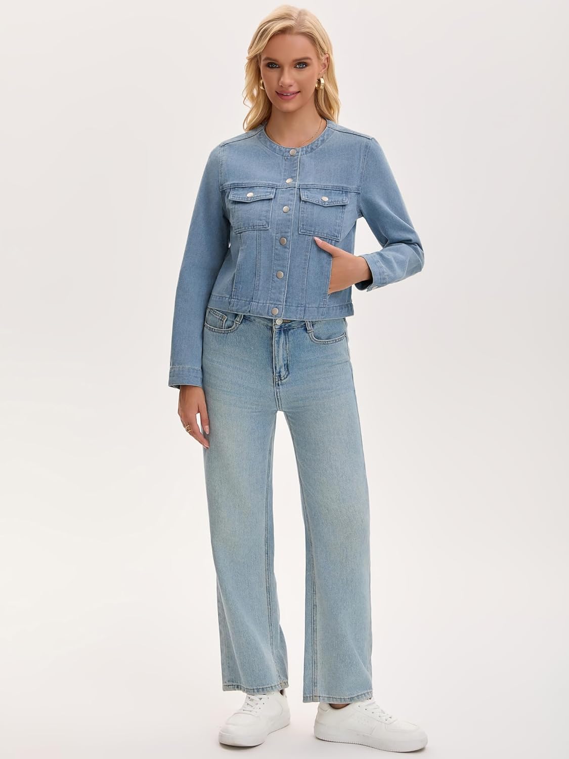 Womens Collarless Jean Jacket Long Sleeve Button Down Denim Jackets 2026 Spring Outfit - Image 4