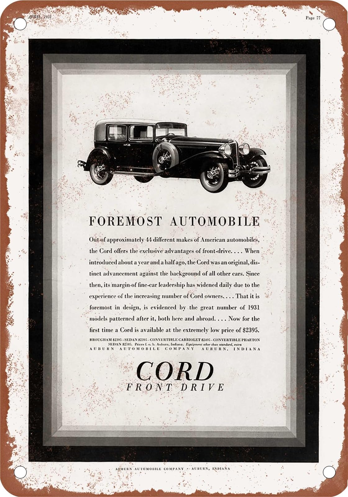 Miaomansenstore Metal Sign - 1931 Cord Vintage Ad 09 - Old Retro Rusty Look Home Decor