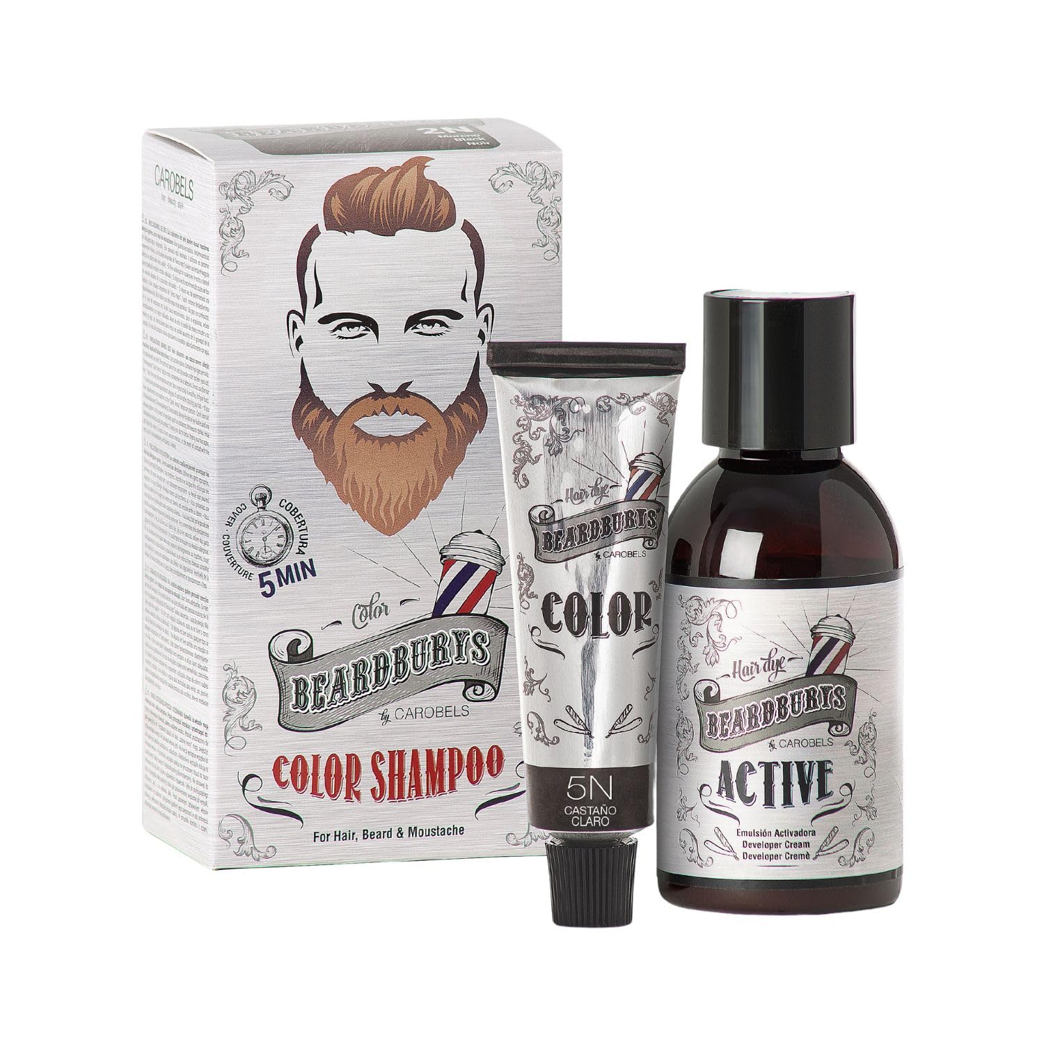 Beardburys Colour Shampoo for Men, Semi-Permanent Gray Coverage, Paraben-Free, Light Brown Colour 30ml & Active 45ml