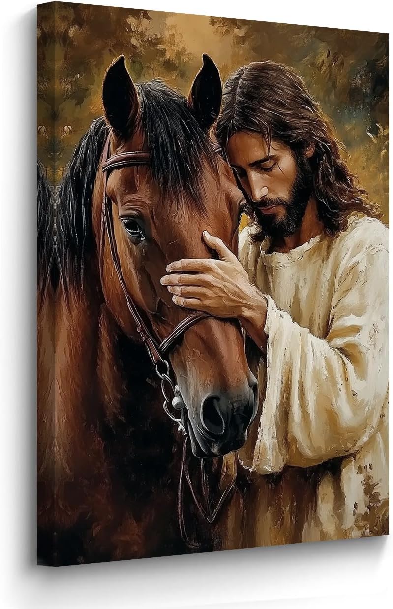 BJYCHG Jesus with Horse Canvas Wall Art Religious Christian Paintings Jesus Touching Horse Head Picture God Cares for Horses Poster Prints for Office Framed (30L x 20W)