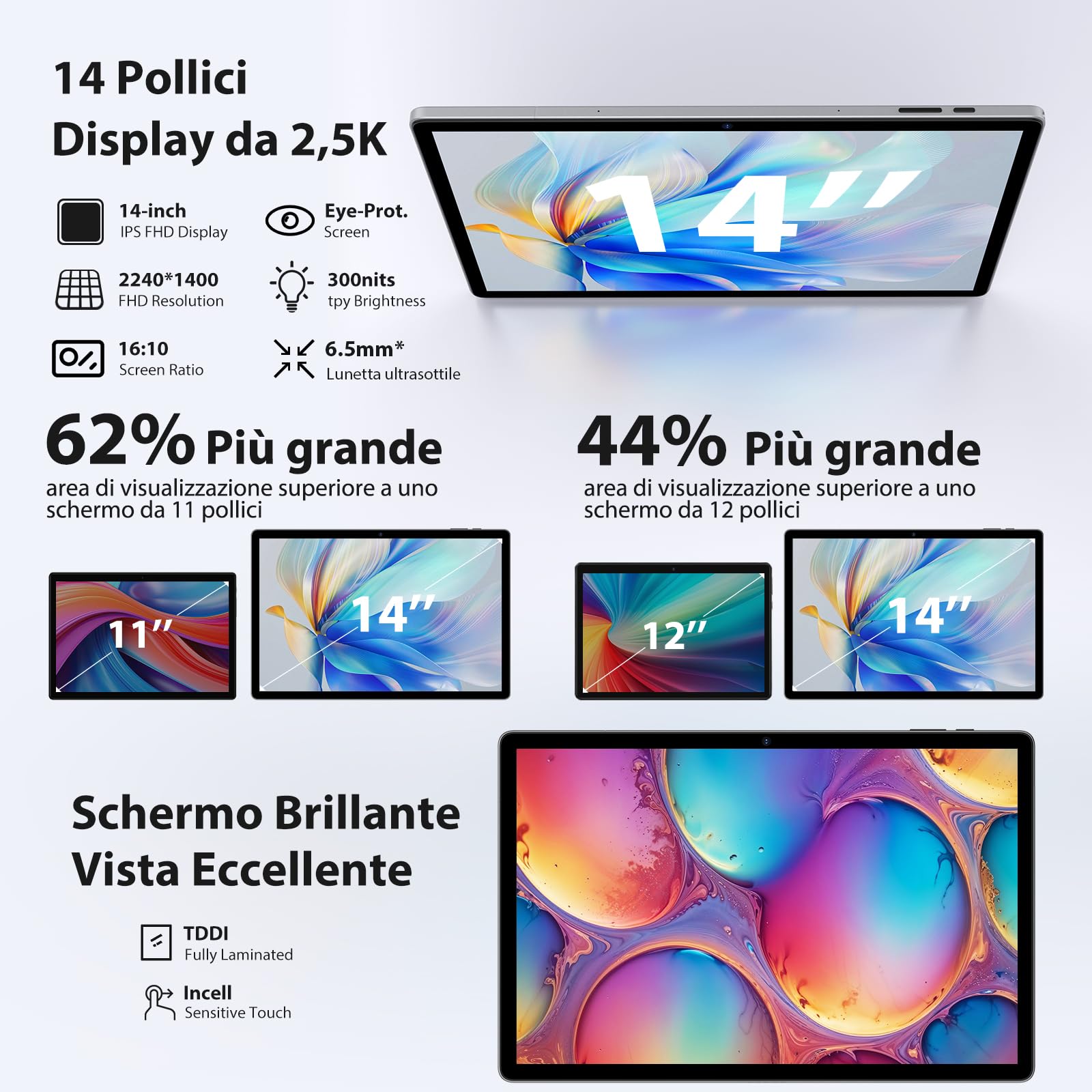 MAXLEGEN 14 Pollici 2,5K Tablet, 36GB RAM+256GB ROM/TF 1TB, 4G LTE+5G WiFi Android 14 Tablets, Octa Core/20W Ricarica rapida 11580 mAh/4 altoparlanti/BT5.0/GMS/GPS, Tab Pen/custodia/auricolare Inclusa