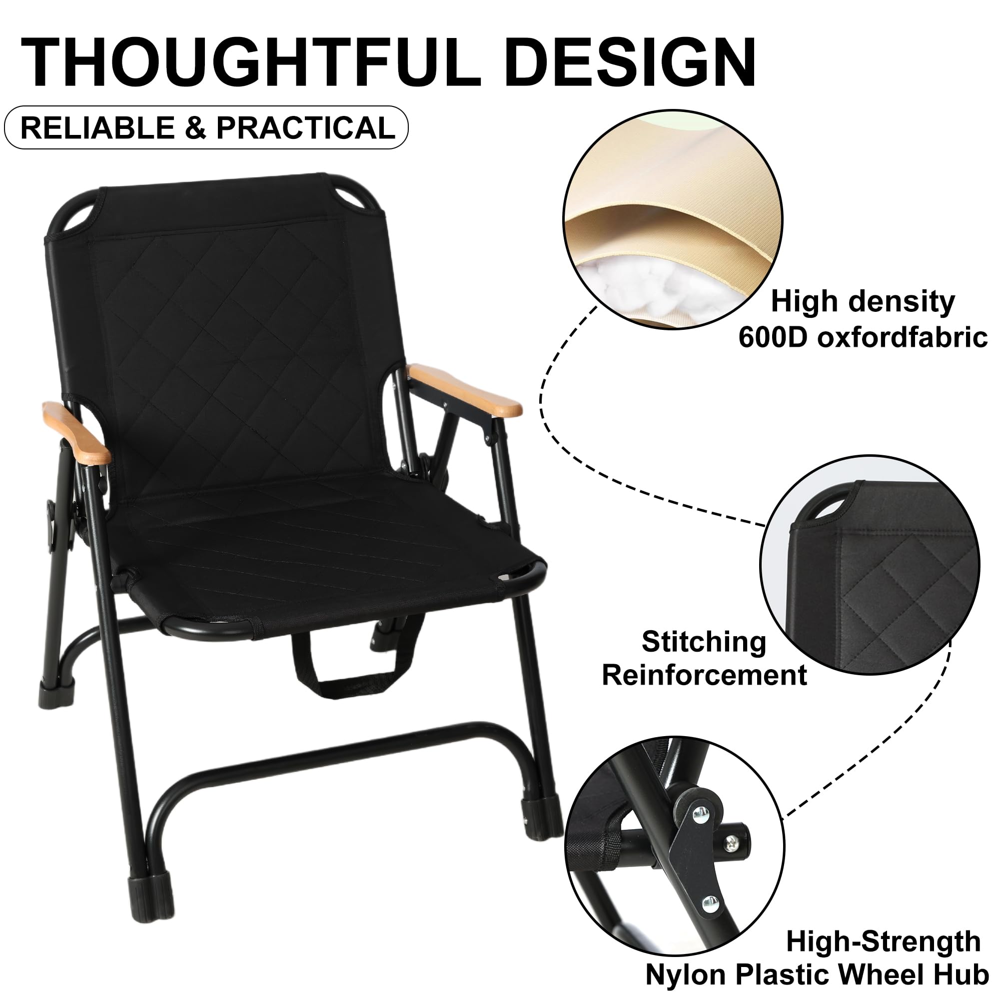 Campingstuhl 2er Set, Campingstuhl Faltbar 150 kg, Camping Sessel Klappbar Kleiner mit Kernbuche Armlehne, Campingstühle aus 600D Oxford-Gewebe, Picknick Stuhl für Camping Garten Terrasse (2, Schwarz)