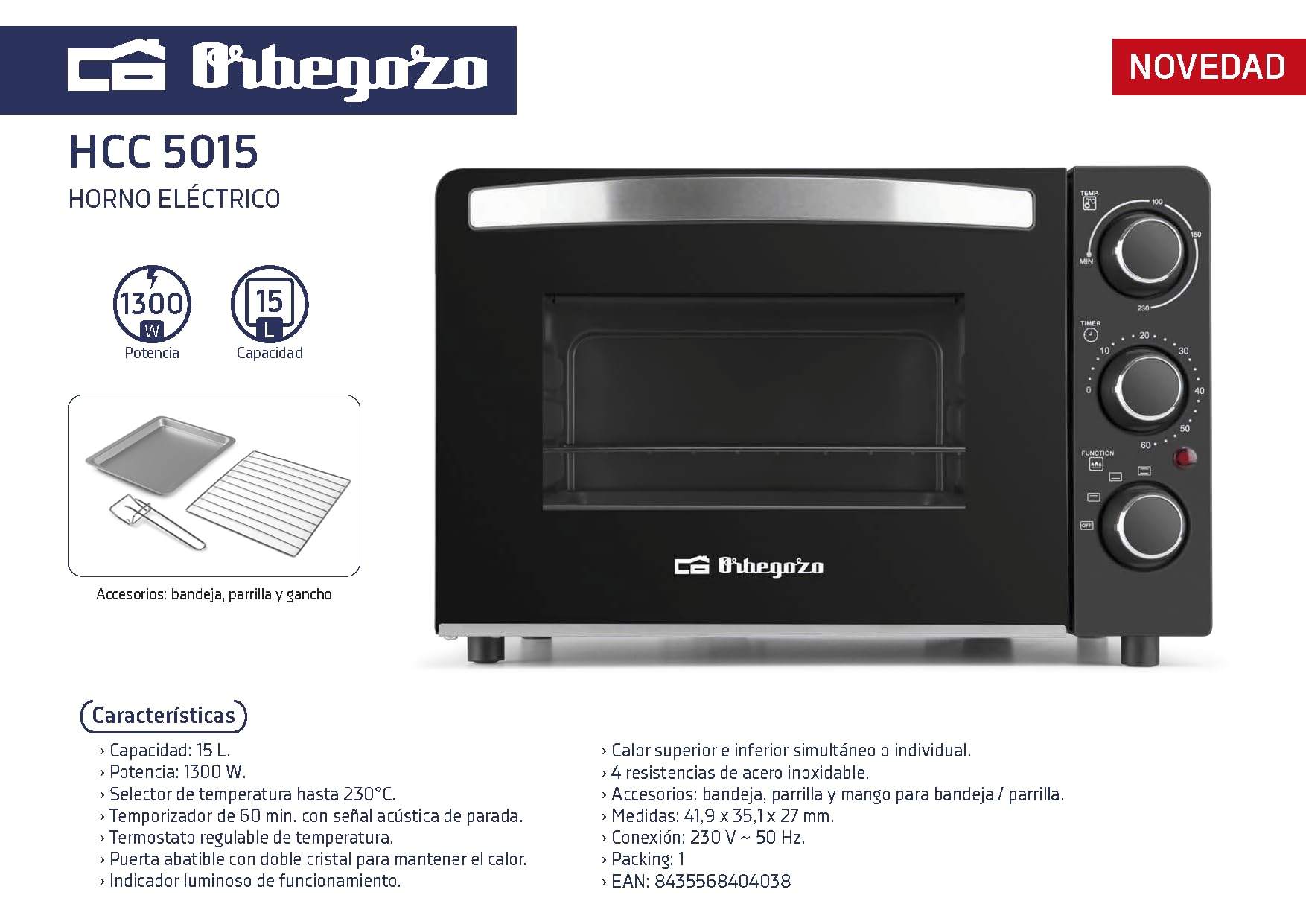 Horno Eléctrico Orbegozo HCC 5015, capacidad 15 litros, 1300 W, Negro