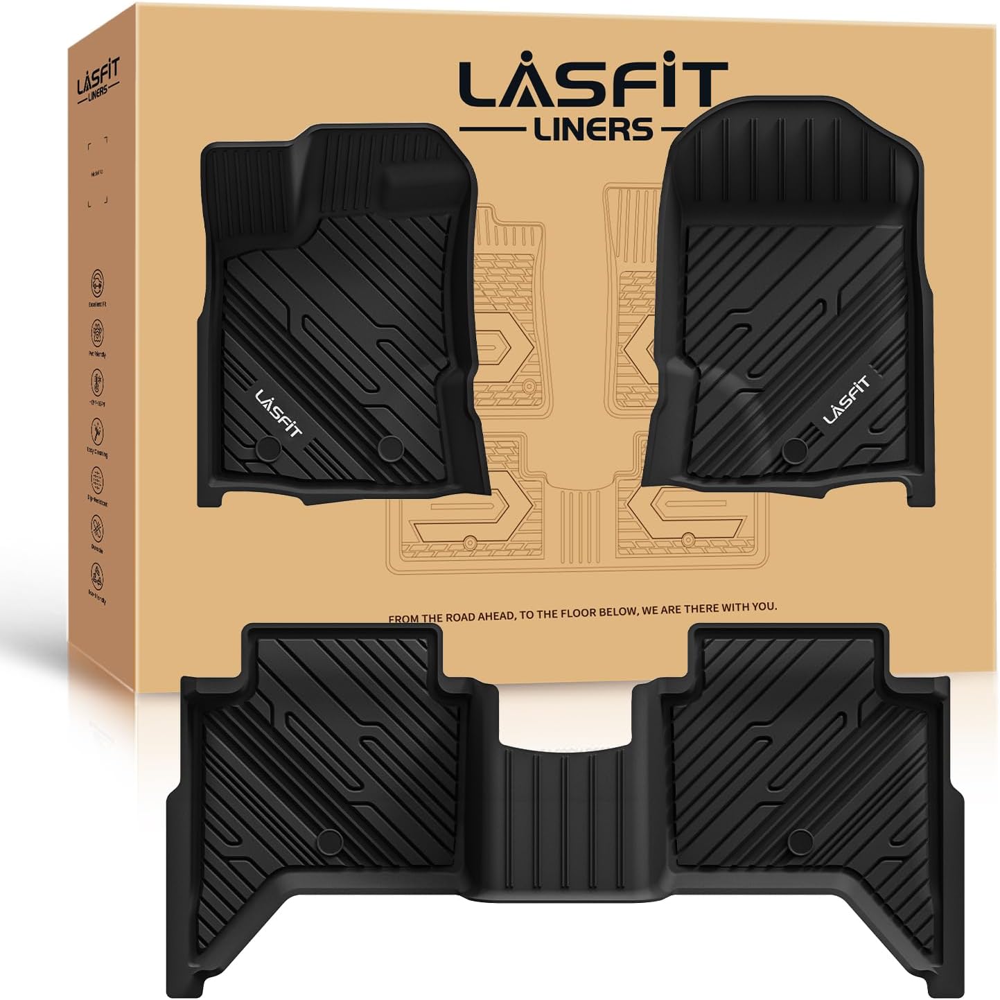 LASFIT Floor Mats Fit for Ford Ranger 2020-2023 SuperCrew Cab, All Weather TPE Truck Liners, Front and Rear Row Set, Black