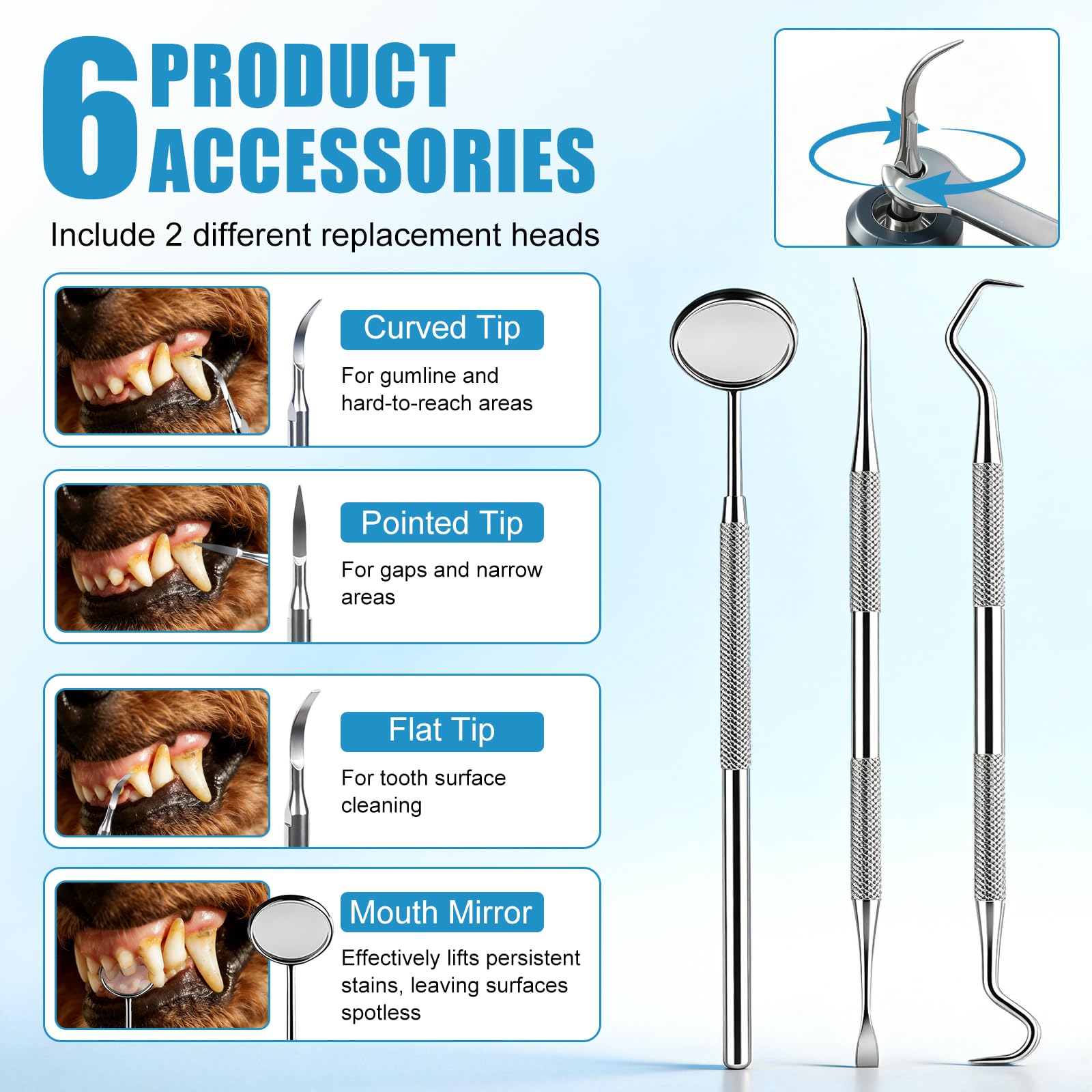 Kit di pulizia dentale per cani e gatti, strumento elettrico per la pulizia dei denti con specchio dentale e punte per la pulizia, kit per l'igiene orale degli animali domestici ricaricabile di