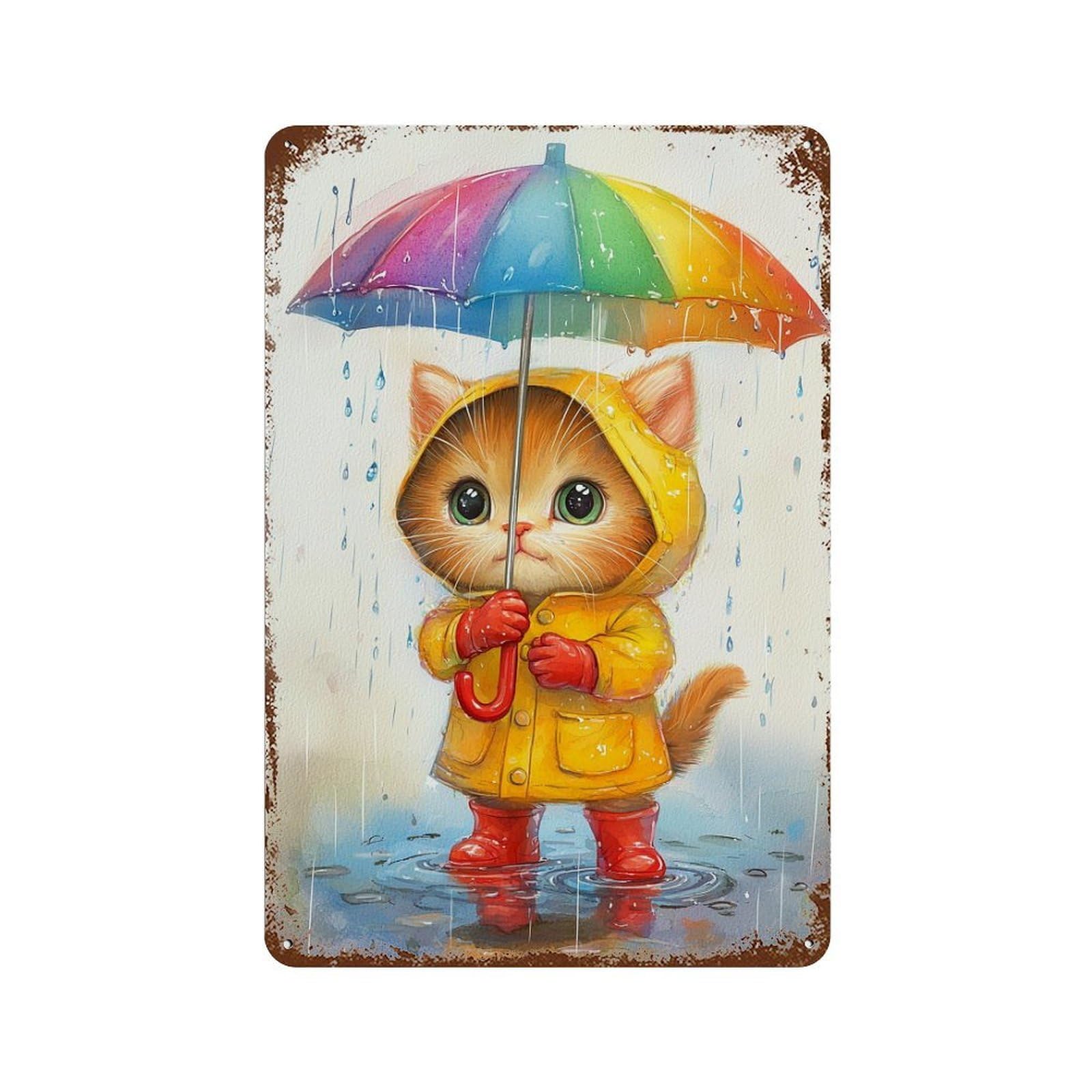 Garage Style Rainy Day Kitten with Umbrella-4 Retro Metal Sign 11.8"x7.9", Classic Wall Plaque for Bar And Workshop