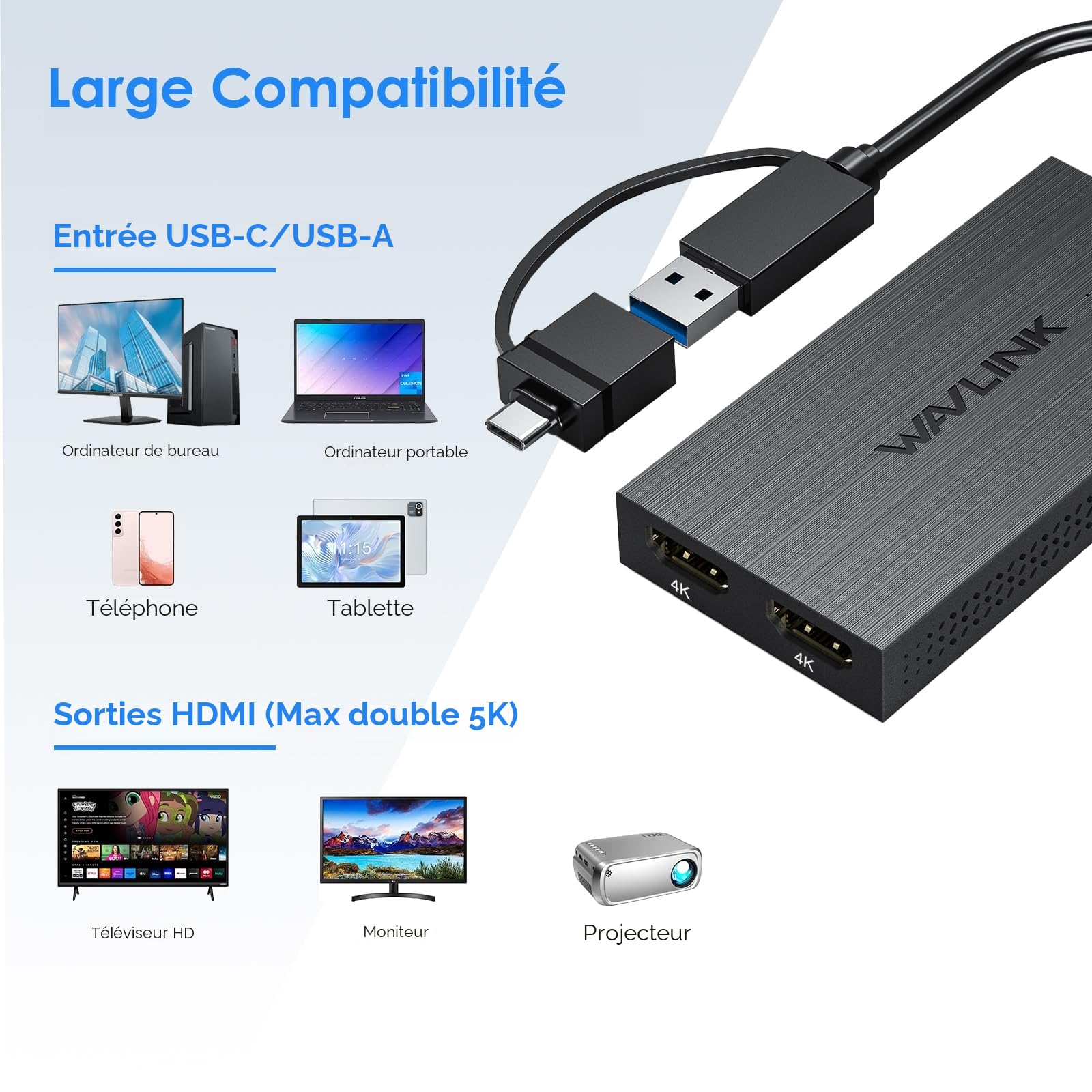 WAVLINK Adaptateur USB 3.1/USB C vers HDMI Double, DisplayLink Dual 4K@60Hz Monitor Hub, Compatible MacBook M1/M2/M3/M4, New MacBook Neo, Windows