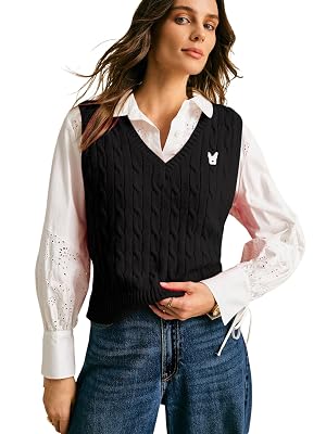 Womens Embroidery Cable Knit Sweater Vest V Neck Knitted Casual Sleeveless Sweater Pullover Top