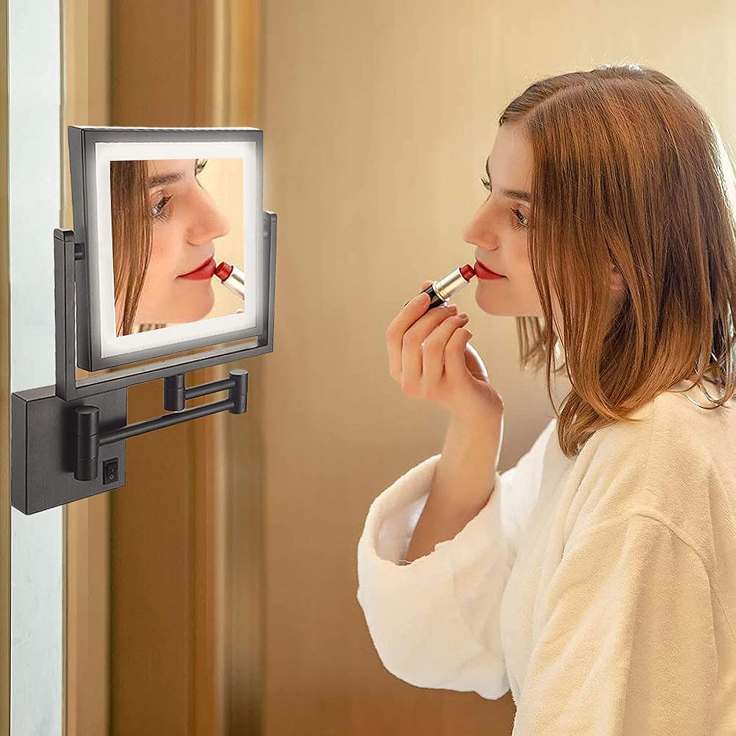 8 inch Rectangular Mirror, Double-Sided Makeup LED Expansion, 3X Magnifying Glass, Wall-Mounted, Folding, 360 Degree Rotating Bathroom(Drawing)