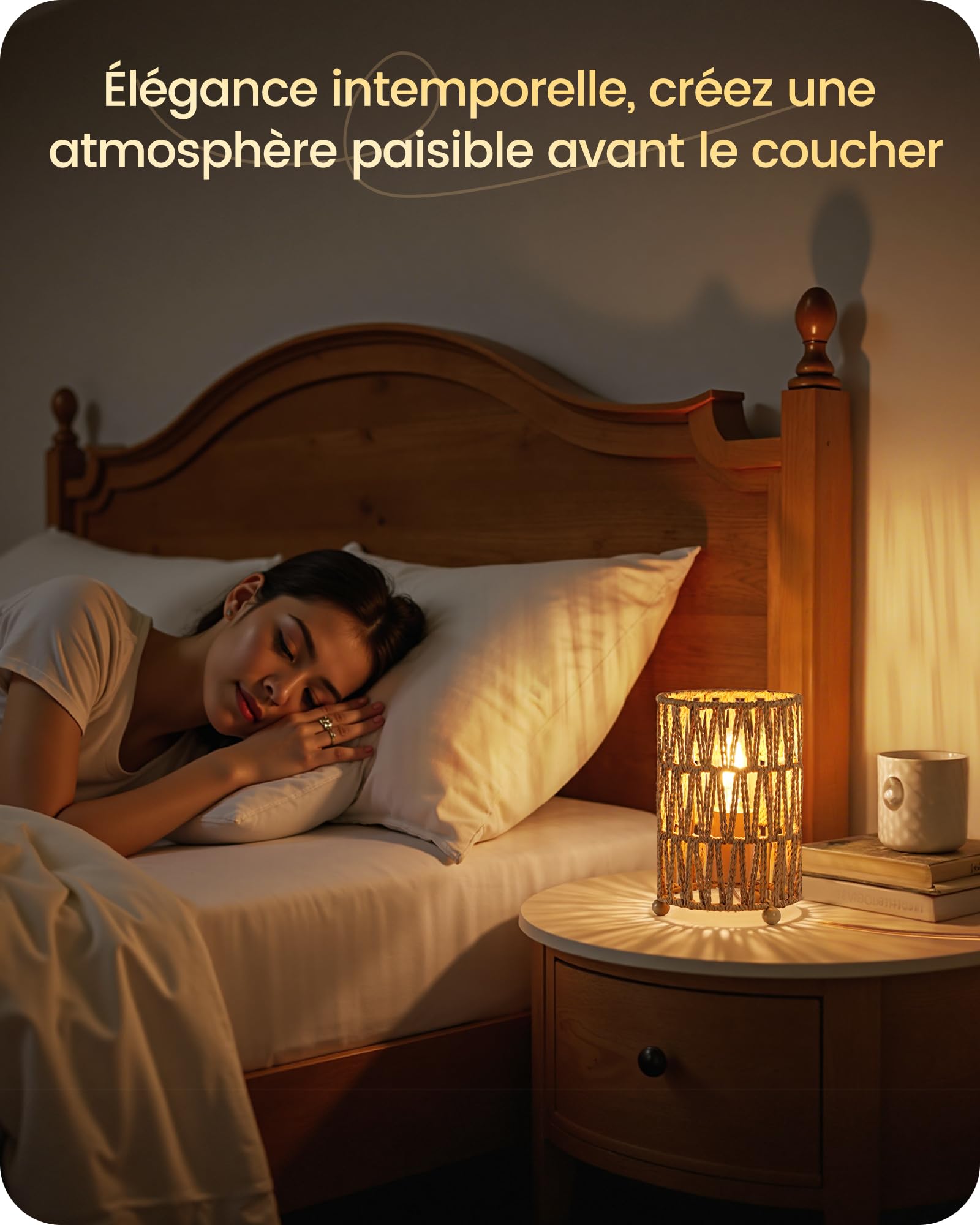 Lot de 2 lampes de chevet boheme rotin, pour chambre | ampoule LED 4W 2400K Incluse, abat-jour en papier rotin avec fils, lampe de table pour salon, bureau