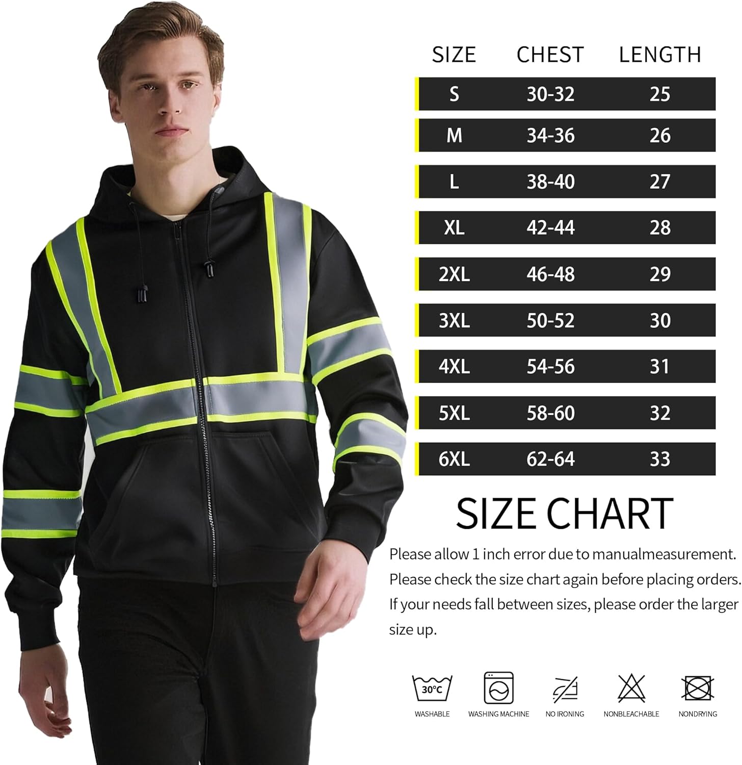 High Visibility Hoodie for Men Class 3 Hi Vis Safety Hoodies Reflective Construction Sweatshirt with Pockets - Image 6