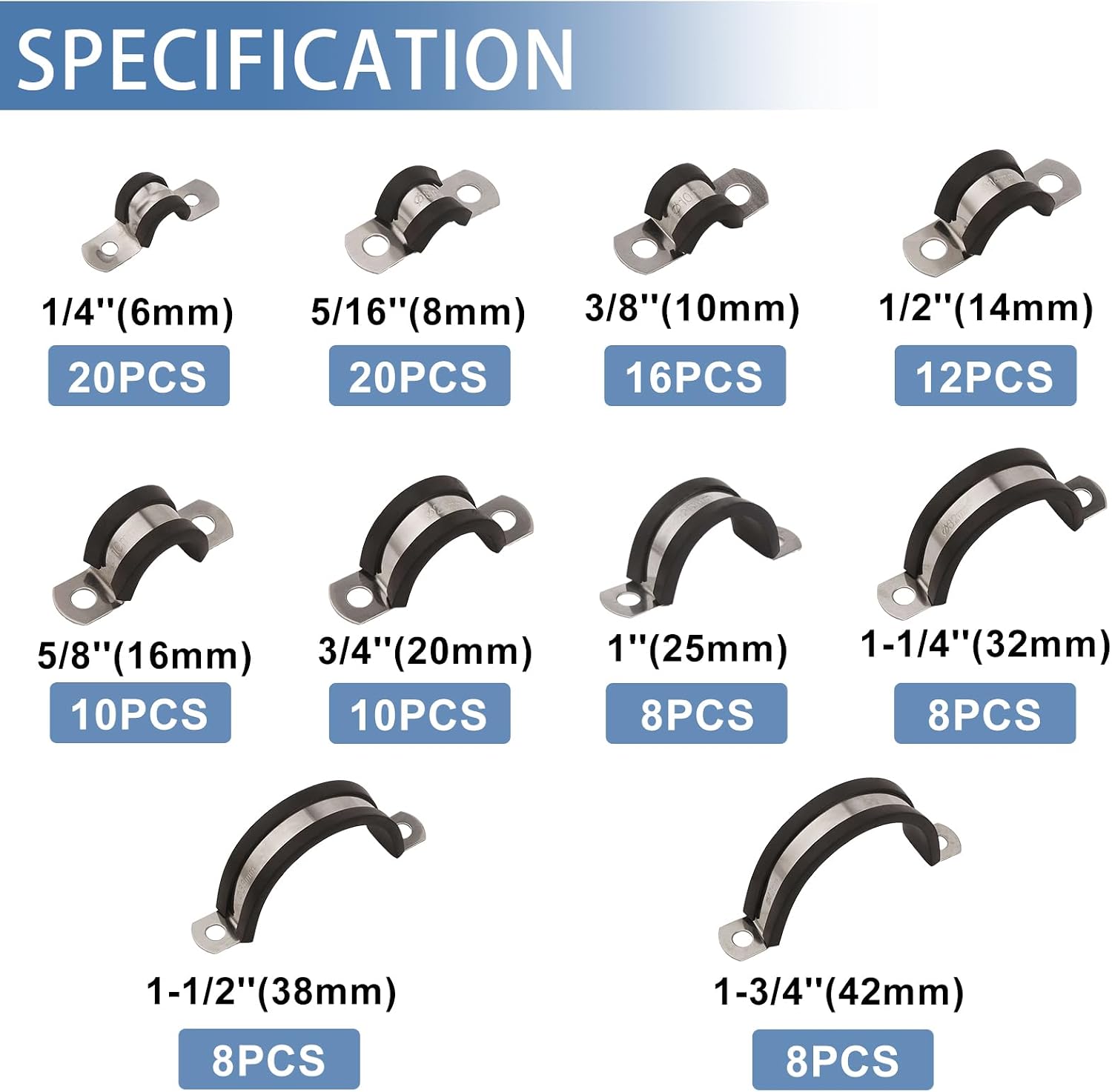 Cable Clamps Assortment Kit, 120 PCS 10 Sizes-1/4" 5/16" 3/8" 1/2" 5/8" 3/4" 1" 1-1/4" 1-1/2" 1-3/4" Stainless Steel Rubber Coated Cushioned Insulated Wire Clamps for Hose,Tube,Automotive