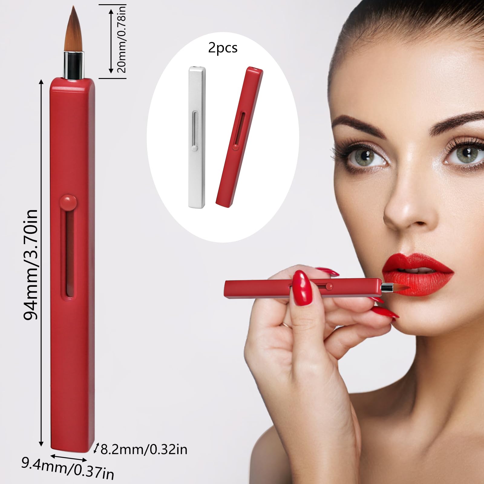 Pincel de Maquillaje Retráctil Doble Extremo para Labios, Portátil (Rojo + Plateado)