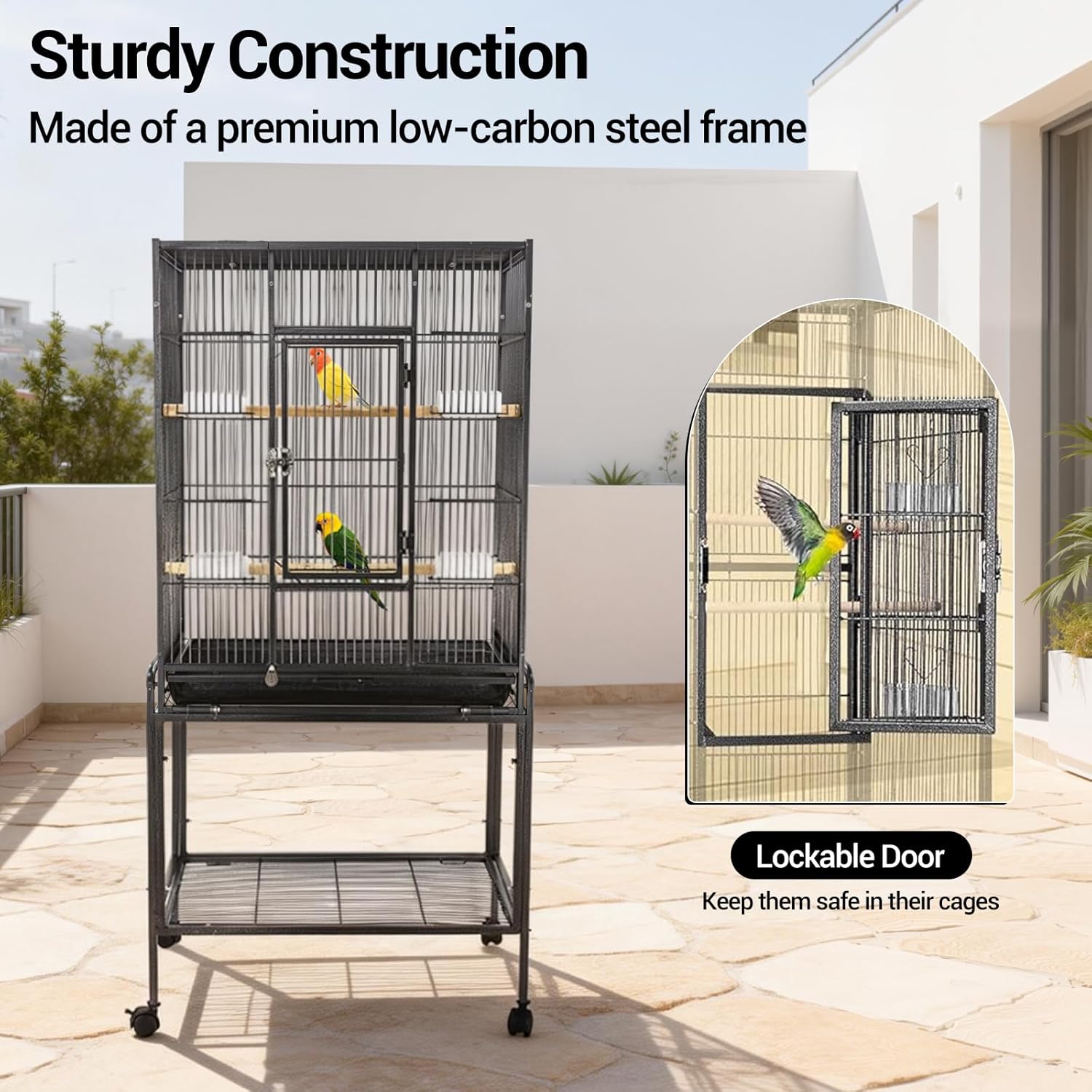 53 Inch Bird Cage with Wooden Perches, Standing Wrought Iron Birdcage Large Parrot Flight Bird Cage with Rolling Stand Birdcages for Cockatiels African Grey Quaker Lovebird Canary Budgie Finch Black