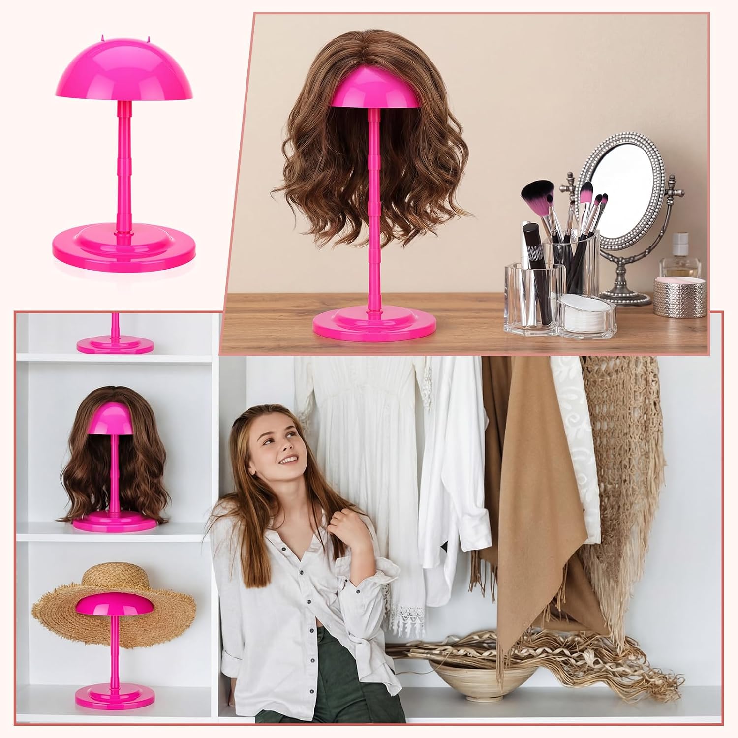 Shimeyao 8 Pcs Adjustable Wig Stand 4.53 to 14.37 Inch Portable Wig Head Holders Plastic Hat Stands for Display Non Slip Fake Hair Storage Holder for Multiple Fake Hair Styling Cap Storage (Hot Pink)