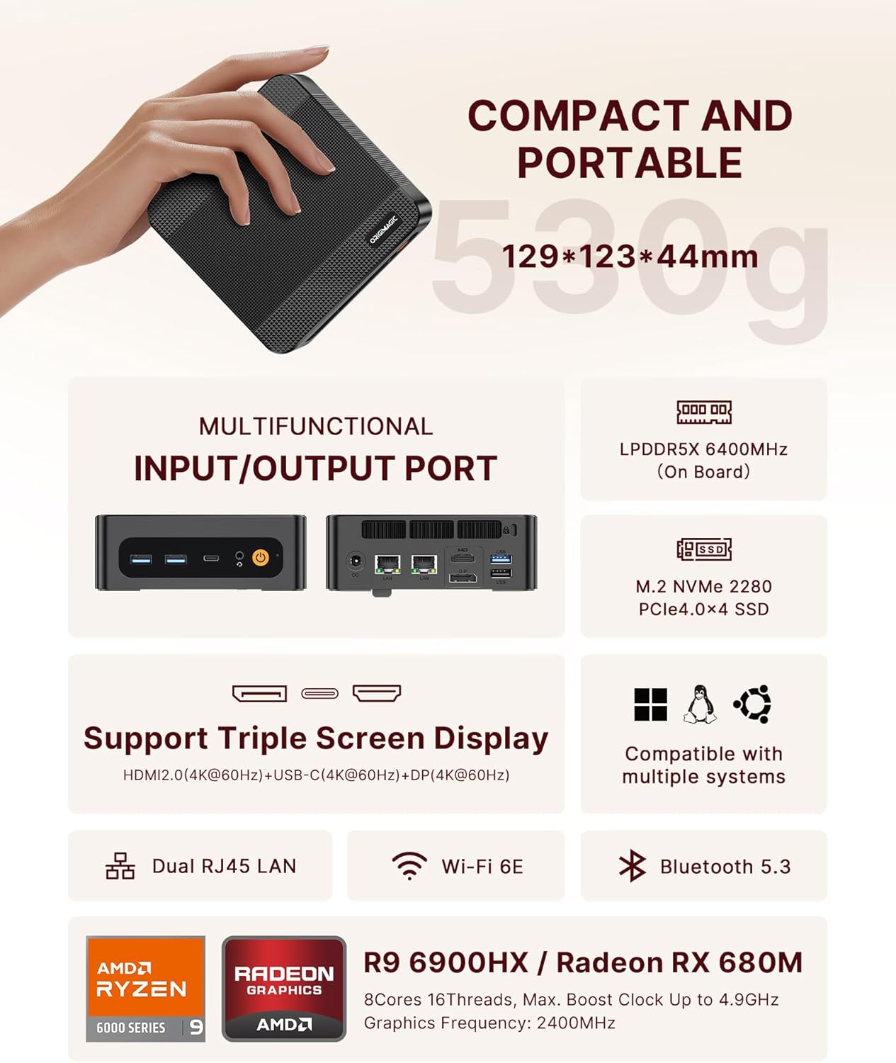 N4 Dual Nic Mini PC, Ryzen 9 6900HX, 32GB LPDDR5X 1TB PCIe 4.0 SSD, Radeon 680M GPU, Mini Computer, WiFi-6E(AX210) & BT-5.2, 4K Triple Display, Office/Home/Gaming