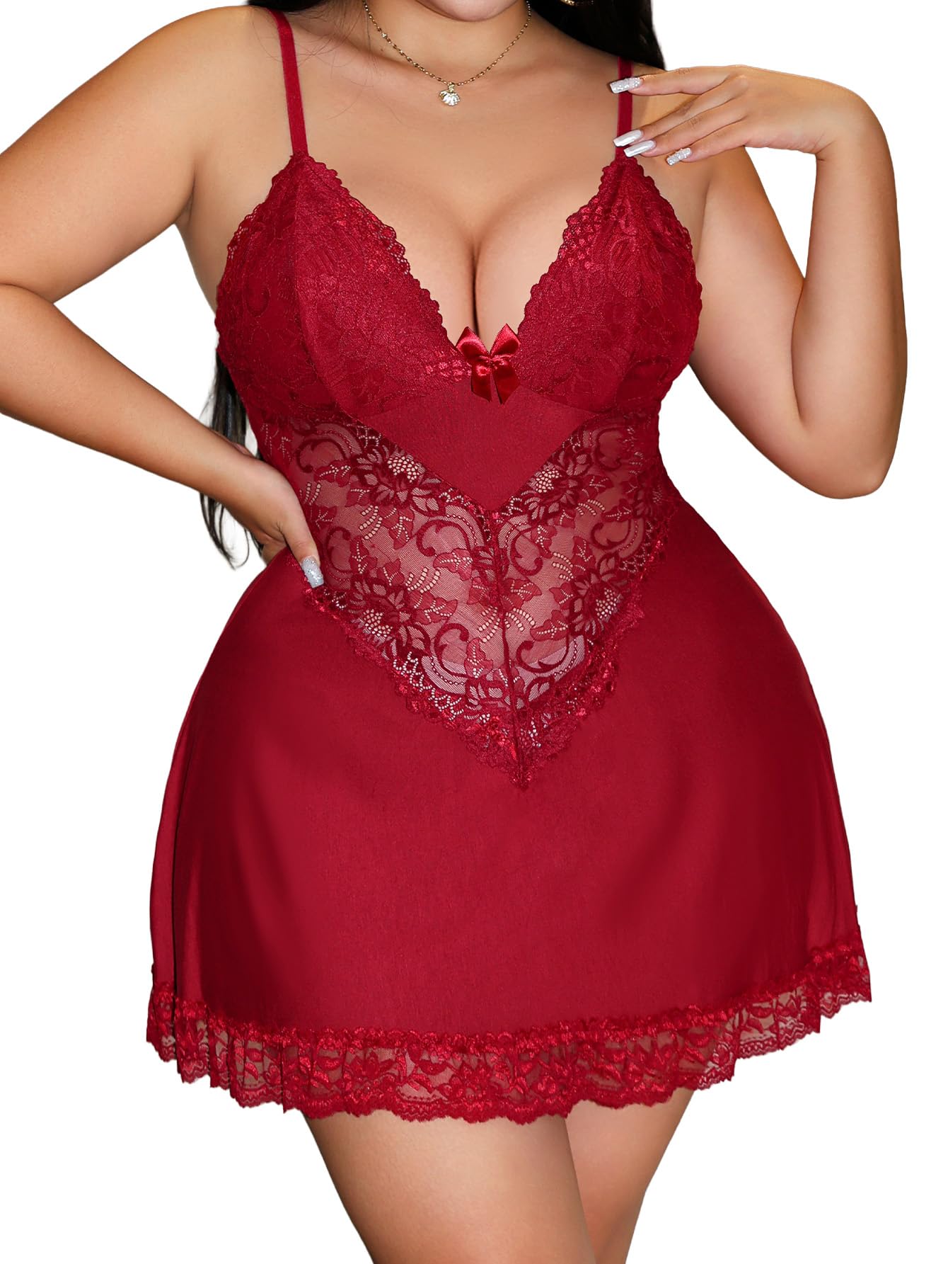 Alrovetoney Women Plus Size Babydoll Lingerie Lace Chemise Mesh Sleepwear Strappy Sexy Nightgown Boudoir Outfit L-4XL