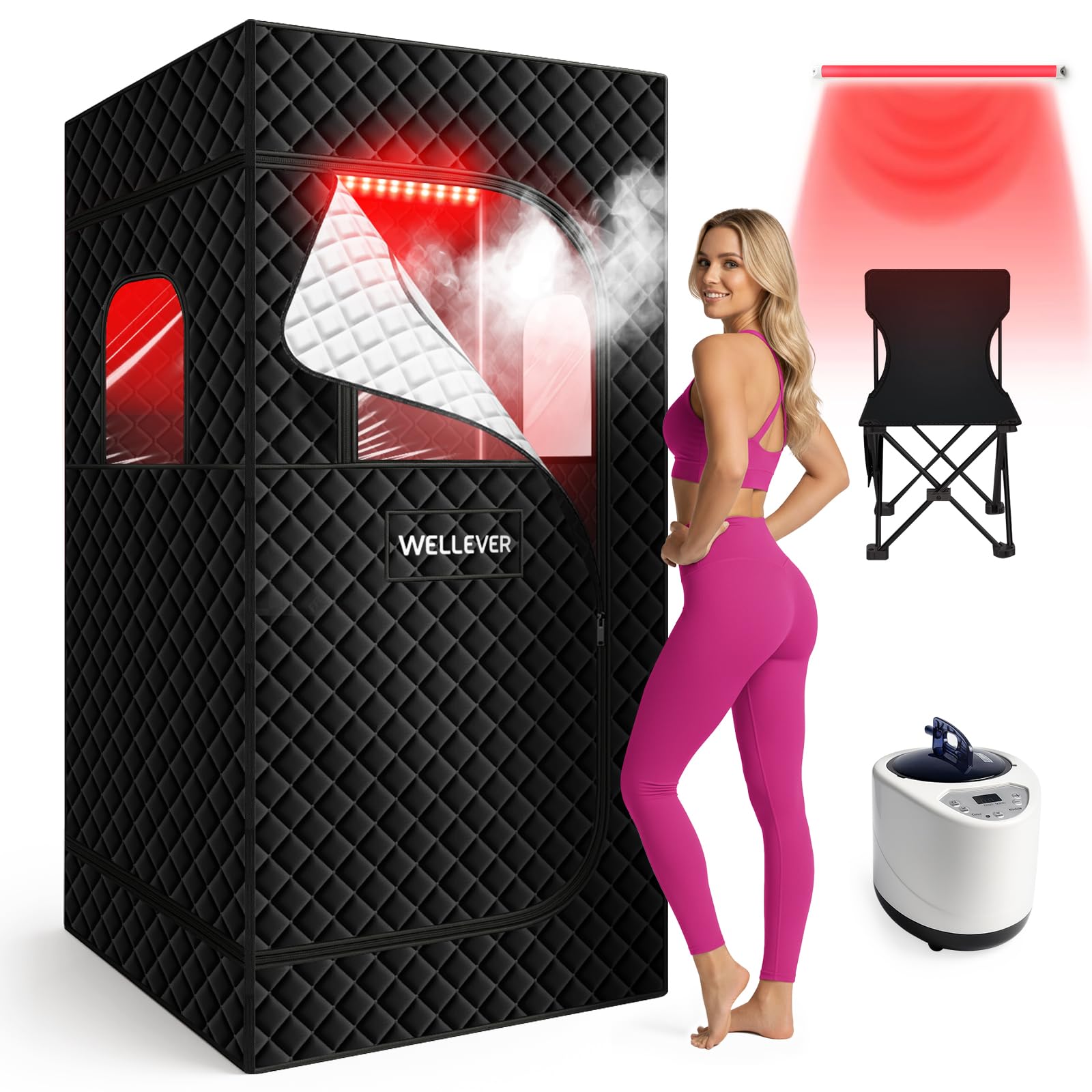 Infrared Home Steam Sauna Box, Portable Personal Full Body Sauna Spa Tent at Home for Relaxation with Red Light Therapy Lamp, 3L Steamer, Folding Chair