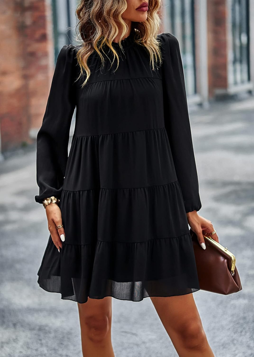 KIRUNDO Long Sleeve Baby Doll Dresses Women 2026 Casual Spring Summer Ruffle Mock Neck Tiered Mini Flowy Swing Shift Dress - Image 2